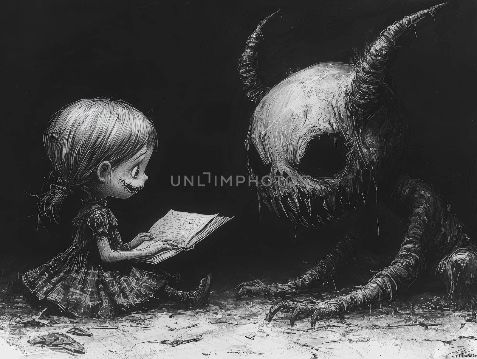 This charming black-and-white illustration features a cute little zombie with messy hair engrossed in reading a story to an alien seated on the ground. Crafted in a pencil drawing style, the cartoon character design is perfect for a children's book, with simple details that enhance its playful appeal. The full-body shot captures the whimsical interaction between the two characters, while the wide-angle perspective adds depth to the scene. This delightful artwork sparks imagination and encourages young readers to explore the joys of storytelling and friendship.