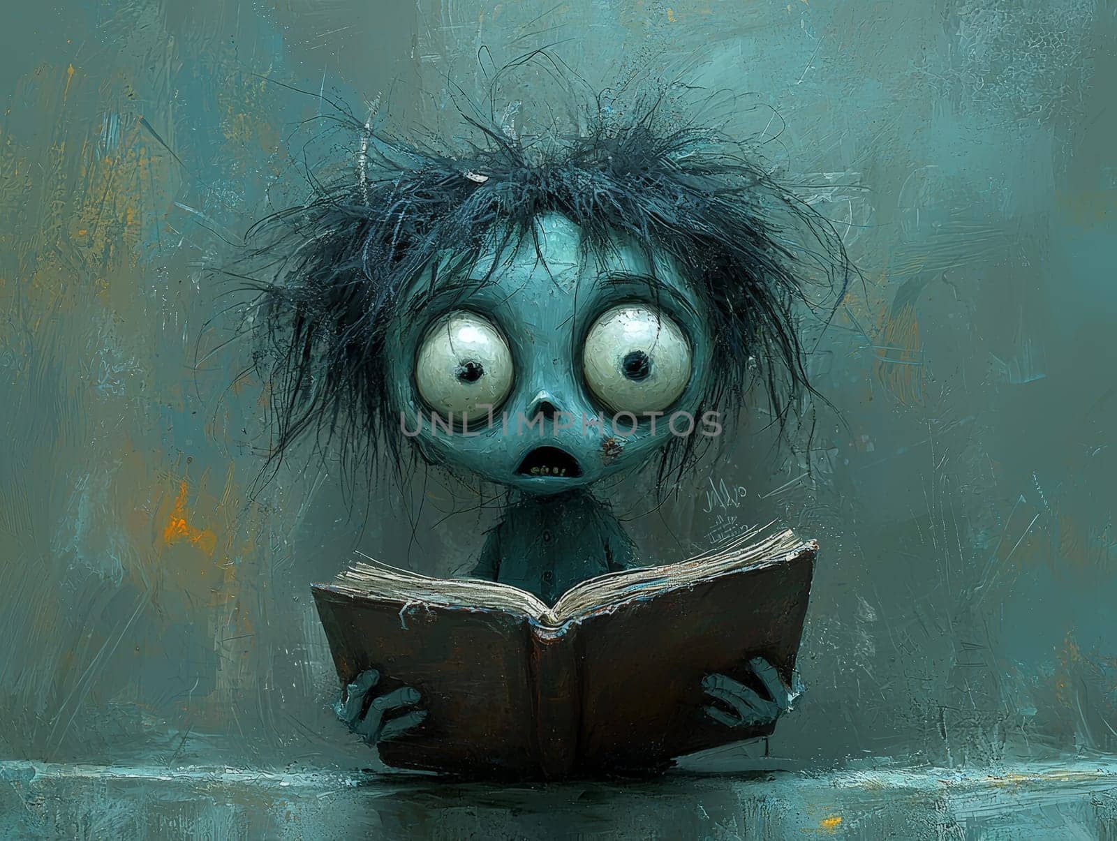 This charming black-and-white illustration features a cute little zombie with messy hair, engrossed in a book. Rendered in a pencil drawing style, the cartoon character design captures the whimsical essence perfect for a children's book. With simple details and a full-body shot, the artwork invites young readers into a playful world of imagination. The wide-angle perspective adds depth, enhancing the overall enchantment of the scene, making it an ideal illustration for storytelling.