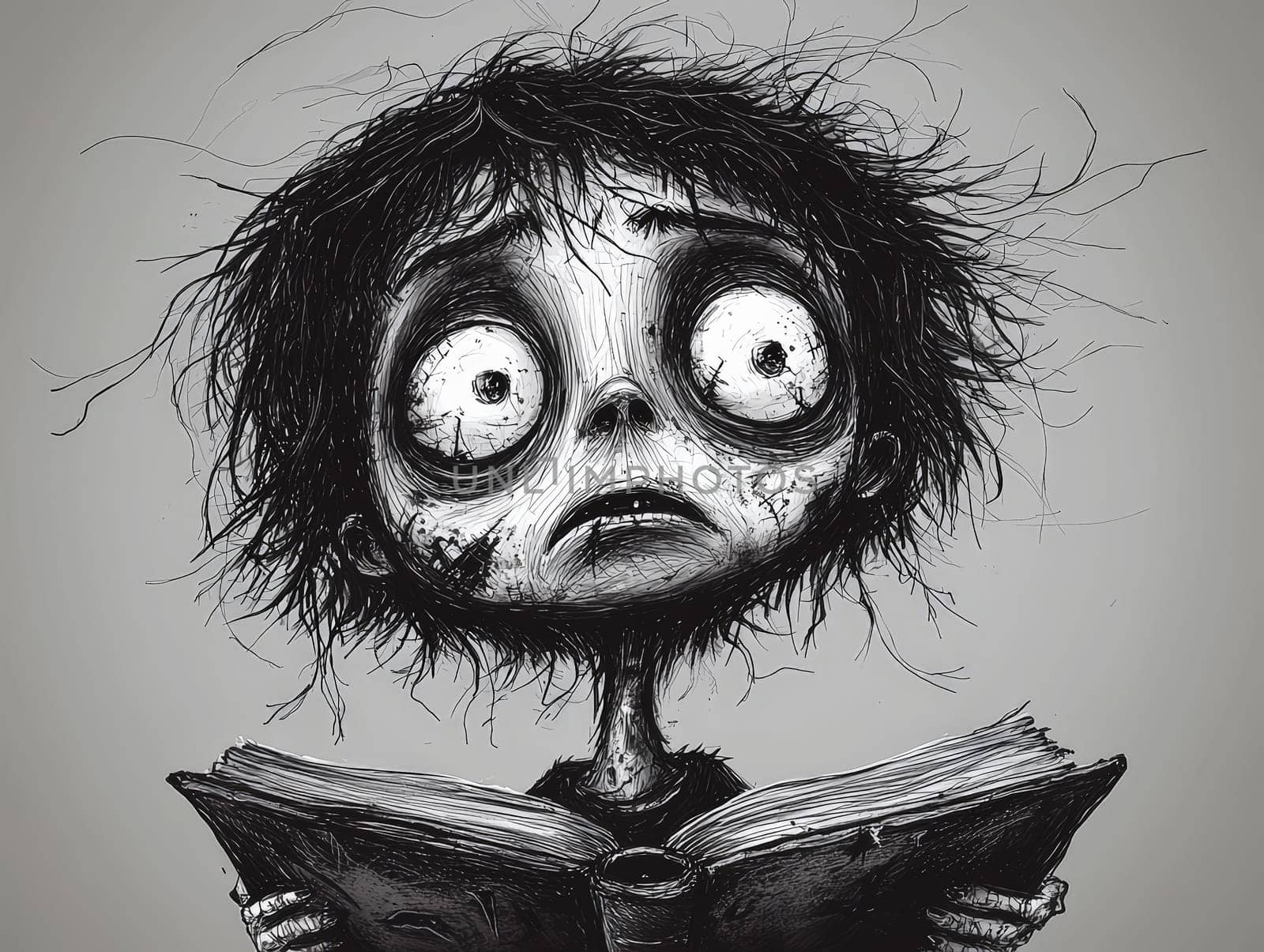 This charming black-and-white illustration features a cute little zombie with messy hair, engrossed in a book. Rendered in a pencil drawing style, the cartoon character design captures the whimsical essence perfect for a children's book. With simple details and a full-body shot, the artwork invites young readers into a playful world of imagination. The wide-angle perspective adds depth, enhancing the overall enchantment of the scene, making it an ideal illustration for storytelling.