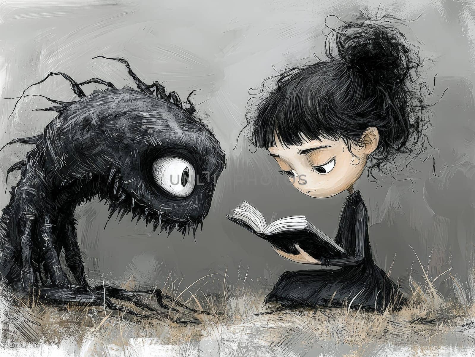 This charming black-and-white illustration features a cute little zombie with messy hair engrossed in reading a story to an alien seated on the ground. Crafted in a pencil drawing style, the cartoon character design is perfect for a children's book, with simple details that enhance its playful appeal. The full-body shot captures the whimsical interaction between the two characters, while the wide-angle perspective adds depth to the scene. This delightful artwork sparks imagination and encourages young readers to explore the joys of storytelling and friendship.
