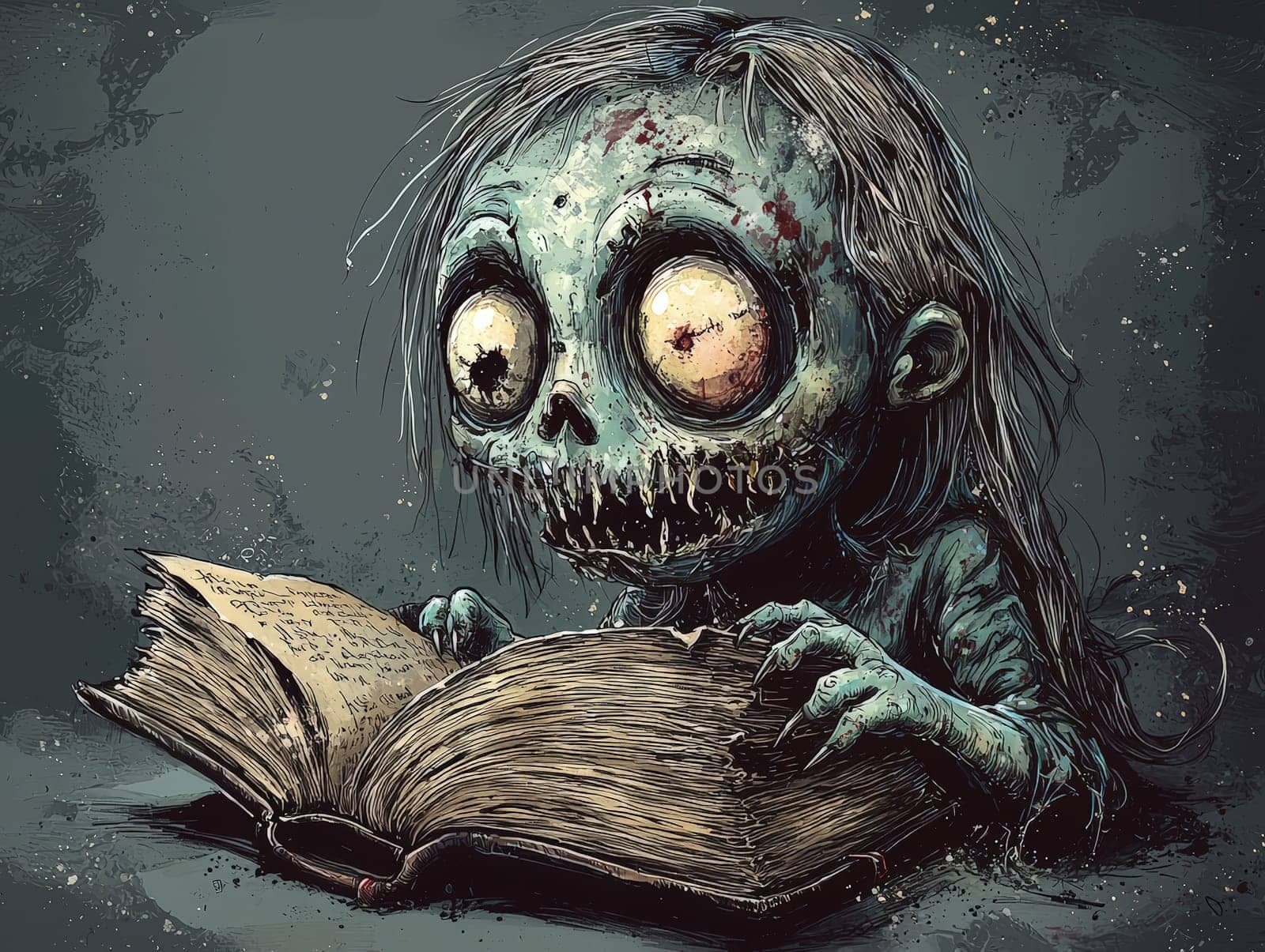 This charming black-and-white illustration features a cute little zombie with messy hair, engrossed in a book. Rendered in a pencil drawing style, the cartoon character design captures the whimsical essence perfect for a children's book. With simple details and a full-body shot, the artwork invites young readers into a playful world of imagination. The wide-angle perspective adds depth, enhancing the overall enchantment of the scene, making it an ideal illustration for storytelling.