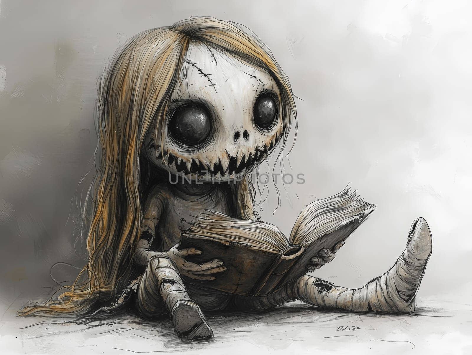 This charming black-and-white illustration features a cute little zombie with messy hair, engrossed in a book. Rendered in a pencil drawing style, the cartoon character design captures the whimsical essence perfect for a children's book. With simple details and a full-body shot, the artwork invites young readers into a playful world of imagination. The wide-angle perspective adds depth, enhancing the overall enchantment of the scene, making it an ideal illustration for storytelling.