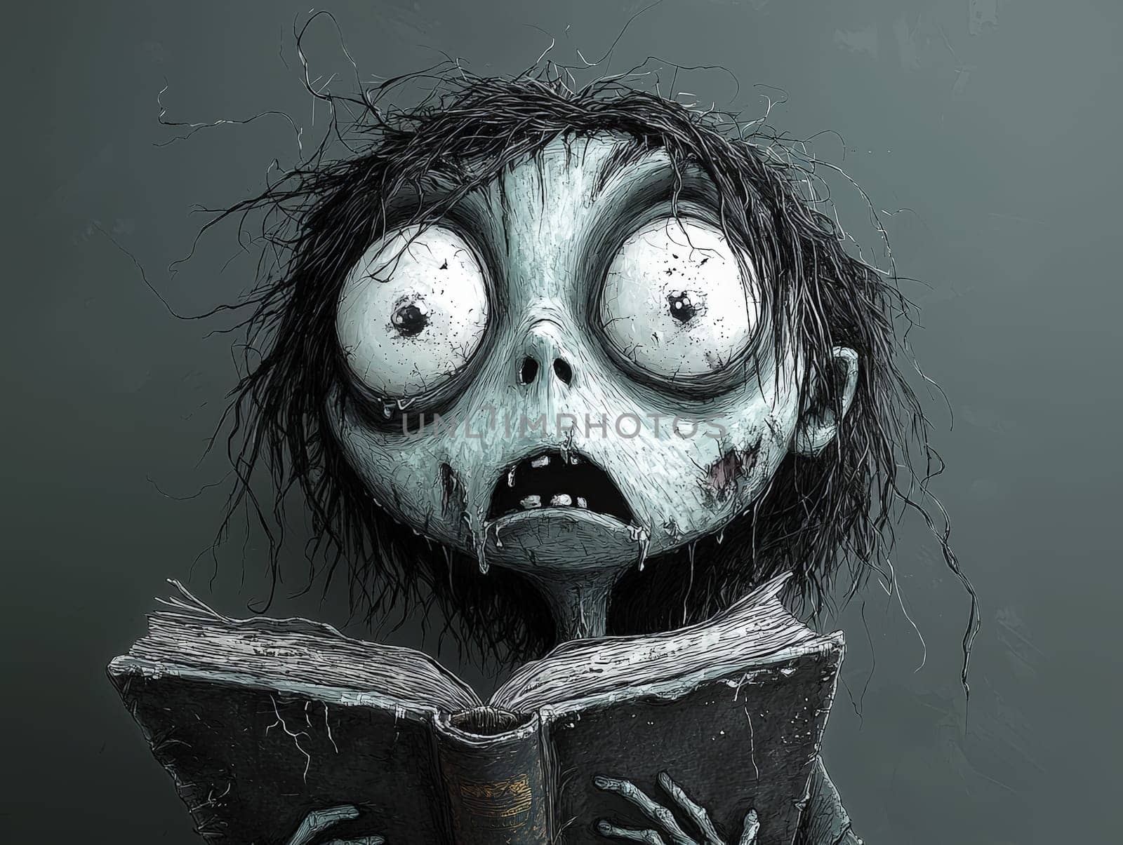 This charming black-and-white illustration features a cute little zombie with messy hair, engrossed in a book. Rendered in a pencil drawing style, the cartoon character design captures the whimsical essence perfect for a children's book. With simple details and a full-body shot, the artwork invites young readers into a playful world of imagination. The wide-angle perspective adds depth, enhancing the overall enchantment of the scene, making it an ideal illustration for storytelling.