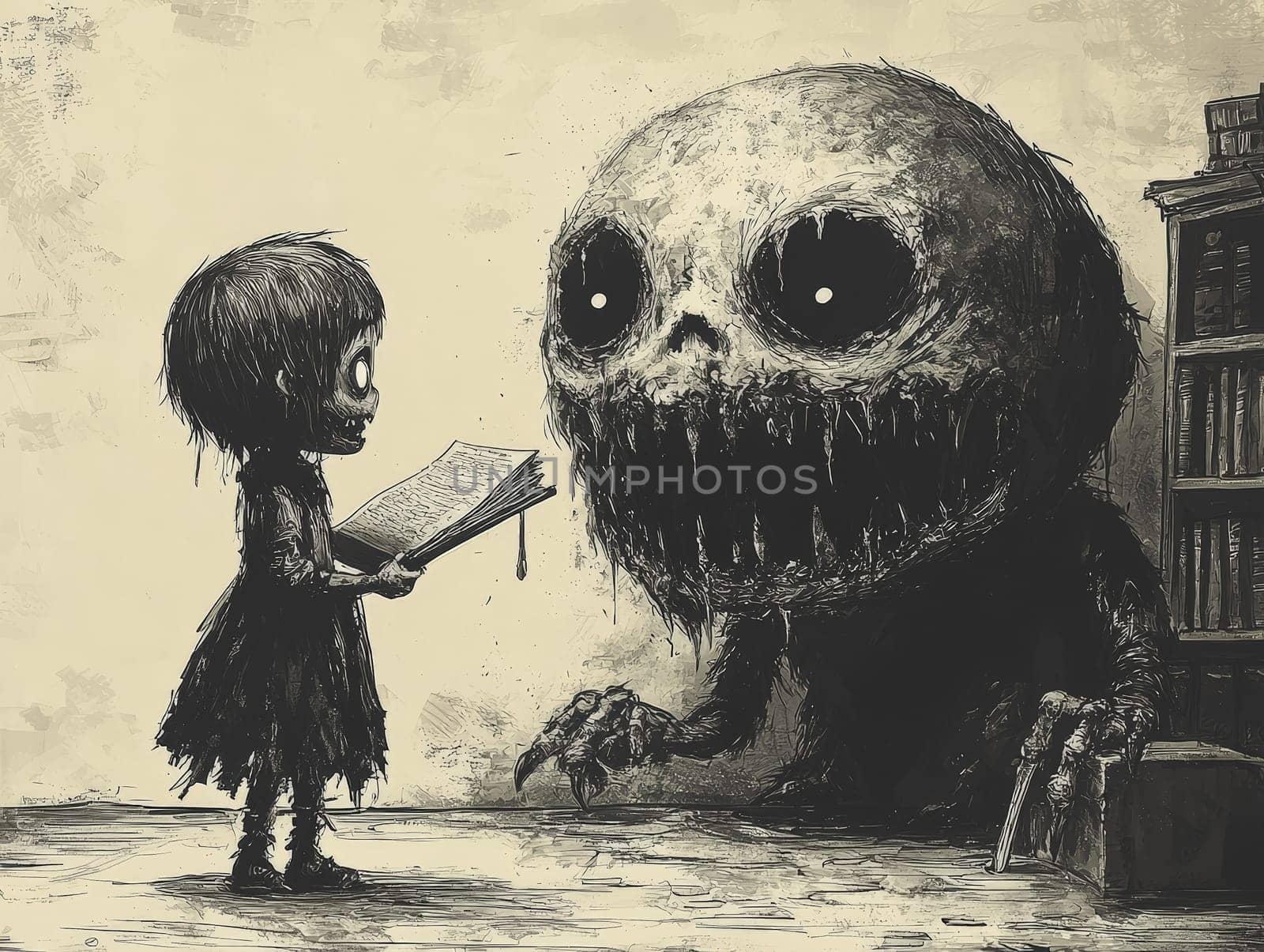 This charming black-and-white illustration features a cute little zombie with messy hair engrossed in reading a story to an alien seated on the ground. Crafted in a pencil drawing style, the cartoon character design is perfect for a children's book, with simple details that enhance its playful appeal. The full-body shot captures the whimsical interaction between the two characters, while the wide-angle perspective adds depth to the scene. This delightful artwork sparks imagination and encourages young readers to explore the joys of storytelling and friendship.
