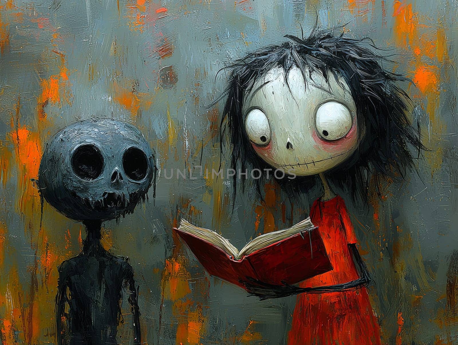 This charming black-and-white illustration features a cute little zombie with messy hair engrossed in reading a story to an alien seated on the ground. Crafted in a pencil drawing style, the cartoon character design is perfect for a children's book, with simple details that enhance its playful appeal. The full-body shot captures the whimsical interaction between the two characters, while the wide-angle perspective adds depth to the scene. This delightful artwork sparks imagination and encourages young readers to explore the joys of storytelling and friendship.
