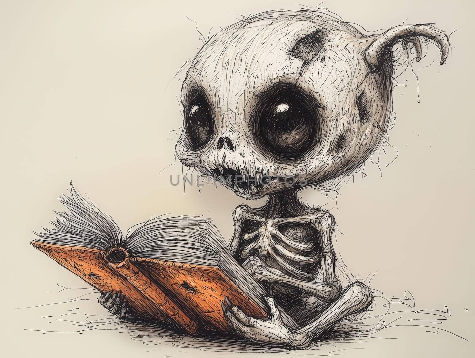This charming black-and-white illustration features a cute little zombie with messy hair, engrossed in a book. Rendered in a pencil drawing style, the cartoon character design captures the whimsical essence perfect for a children's book. With simple details and a full-body shot, the artwork invites young readers into a playful world of imagination. The wide-angle perspective adds depth, enhancing the overall enchantment of the scene, making it an ideal illustration for storytelling.