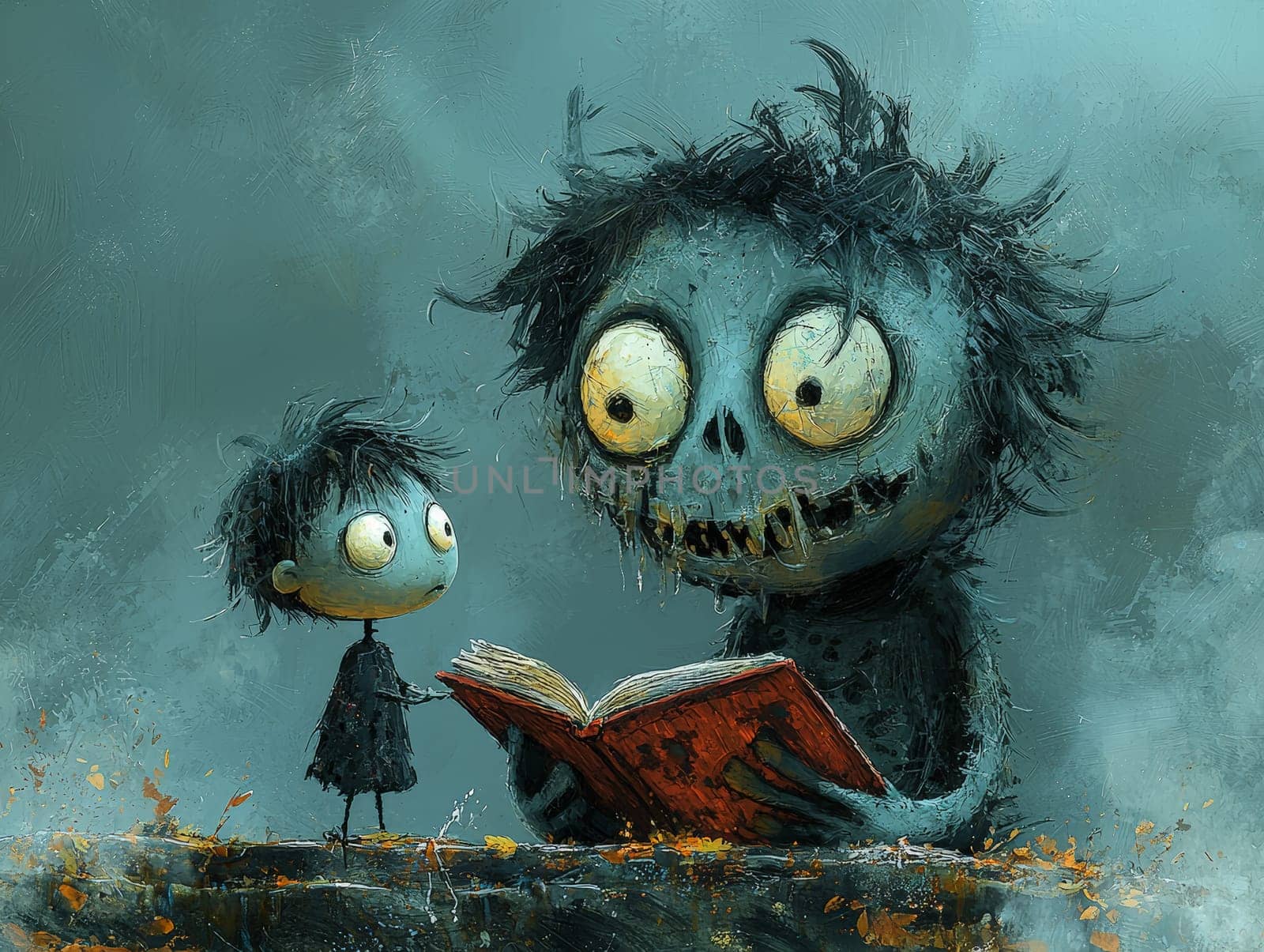 This charming black-and-white illustration features a cute little zombie with messy hair engrossed in reading a story to an alien seated on the ground. Crafted in a pencil drawing style, the cartoon character design is perfect for a children's book, with simple details that enhance its playful appeal. The full-body shot captures the whimsical interaction between the two characters, while the wide-angle perspective adds depth to the scene. This delightful artwork sparks imagination and encourages young readers to explore the joys of storytelling and friendship.