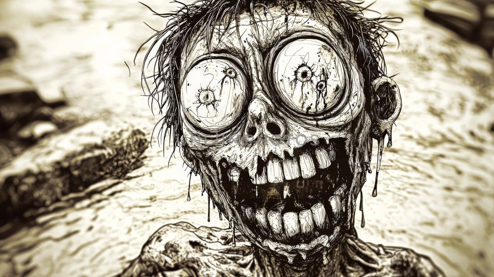 This playful 3D rendering features a funny, smiling zombie brought to life through an imaginative Ink Frazzled drawing style. With its quirky expression and exaggerated features, this character captures a lighthearted take on the traditional zombie motif. The combination of vibrant colors and detailed textures makes the zombie both amusing and approachable, inviting viewers into a world where the undead can be cheerful and entertaining. Perfect for fans of quirky art and humor, this illustration adds a touch of fun to any collection.