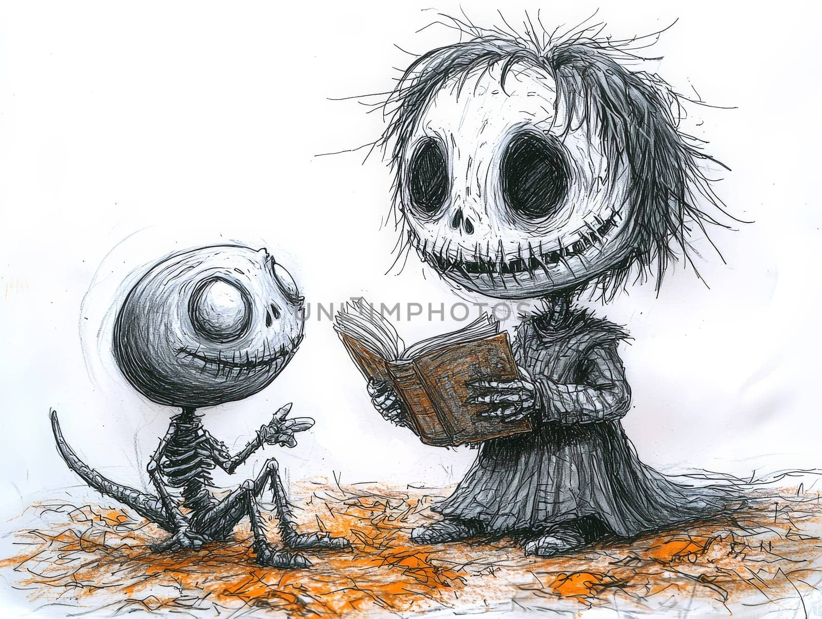 This charming black-and-white illustration features a cute little zombie with messy hair engrossed in reading a story to an alien seated on the ground. Crafted in a pencil drawing style, the cartoon character design is perfect for a children's book, with simple details that enhance its playful appeal. The full-body shot captures the whimsical interaction between the two characters, while the wide-angle perspective adds depth to the scene. This delightful artwork sparks imagination and encourages young readers to explore the joys of storytelling and friendship.