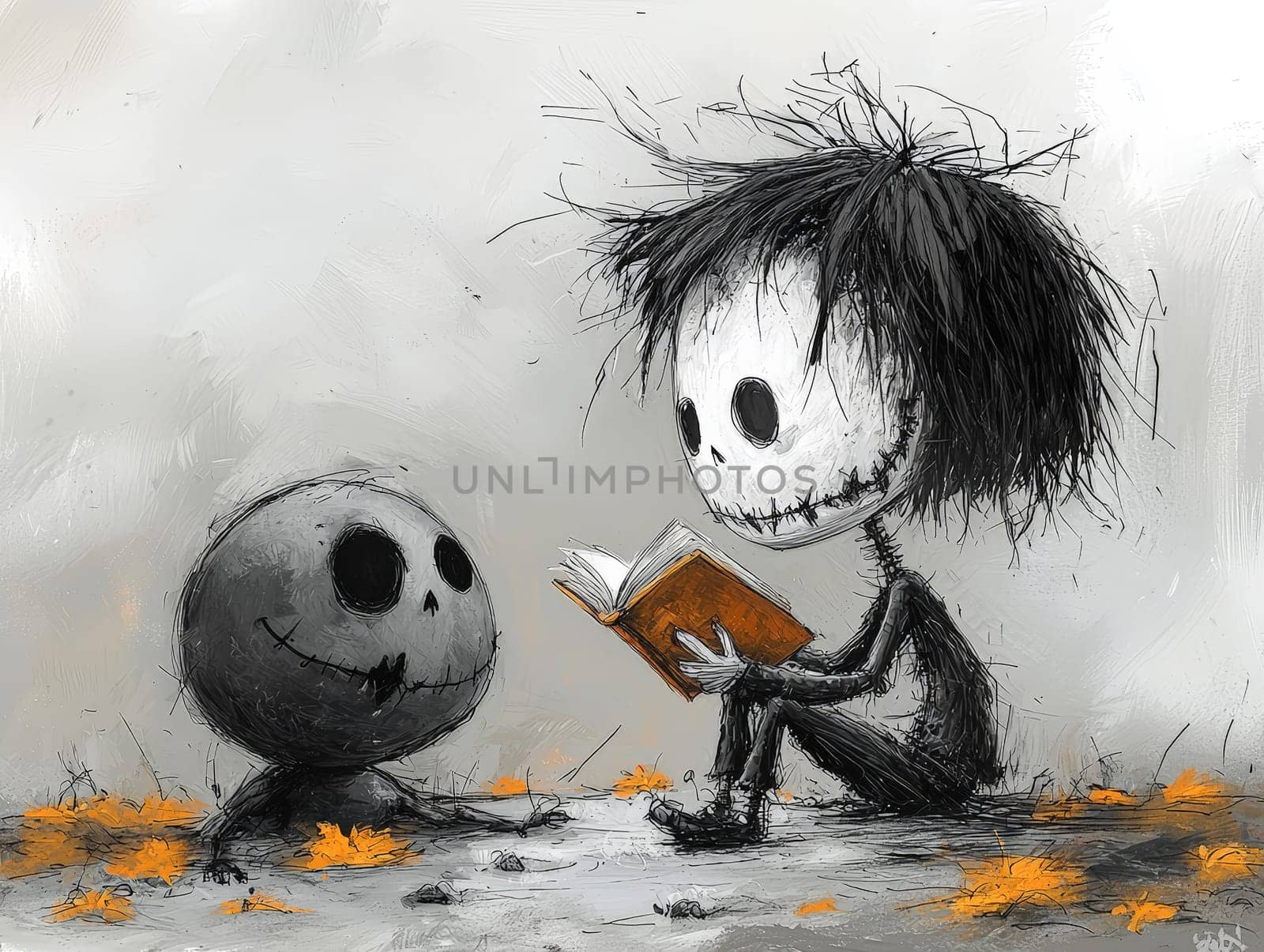 This charming black-and-white illustration features a cute little zombie with messy hair engrossed in reading a story to an alien seated on the ground. Crafted in a pencil drawing style, the cartoon character design is perfect for a children's book, with simple details that enhance its playful appeal. The full-body shot captures the whimsical interaction between the two characters, while the wide-angle perspective adds depth to the scene. This delightful artwork sparks imagination and encourages young readers to explore the joys of storytelling and friendship.