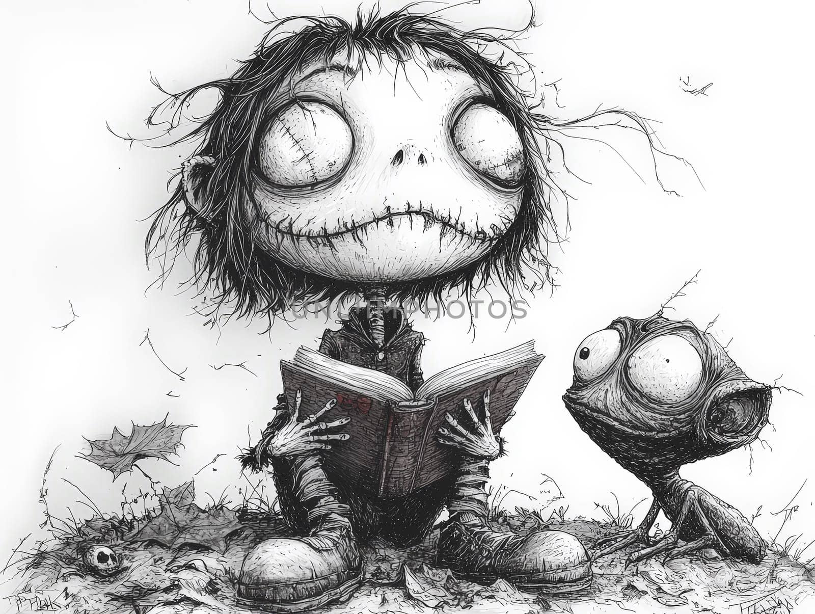 This charming black-and-white illustration features a cute little zombie with messy hair engrossed in reading a story to an alien seated on the ground. Crafted in a pencil drawing style, the cartoon character design is perfect for a children's book, with simple details that enhance its playful appeal. The full-body shot captures the whimsical interaction between the two characters, while the wide-angle perspective adds depth to the scene. This delightful artwork sparks imagination and encourages young readers to explore the joys of storytelling and friendship.