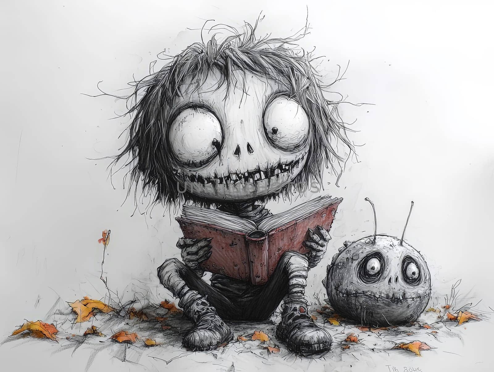 This charming black-and-white illustration features a cute little zombie with messy hair engrossed in reading a story to an alien seated on the ground. Crafted in a pencil drawing style, the cartoon character design is perfect for a children's book, with simple details that enhance its playful appeal. The full-body shot captures the whimsical interaction between the two characters, while the wide-angle perspective adds depth to the scene. This delightful artwork sparks imagination and encourages young readers to explore the joys of storytelling and friendship.