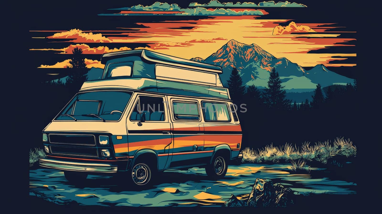 This captivating t-shirt design features a vibrant and adventurous illustration tailored for vanlife enthusiasts. The portrait format showcases a stunning landscape of mountains and forests, capturing the essence of freedom on the open road. Accompanying the artwork is a striking slogan that inspires adventure and exploration, making it the perfect apparel for those who live to travel and embrace the nomadic lifestyle. The design blends creativity with a sense of community, appealing to everyone who cherishes life on the move.