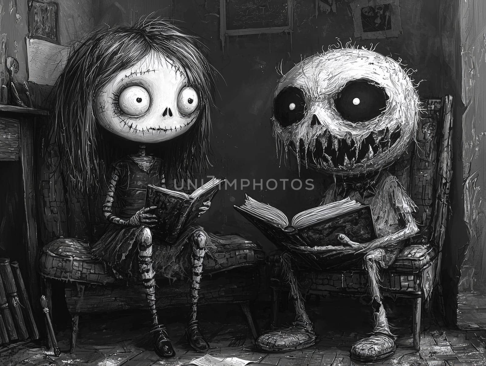 This charming black-and-white illustration features a cute little zombie with messy hair engrossed in reading a story to an alien seated on the ground. Crafted in a pencil drawing style, the cartoon character design is perfect for a children's book, with simple details that enhance its playful appeal. The full-body shot captures the whimsical interaction between the two characters, while the wide-angle perspective adds depth to the scene. This delightful artwork sparks imagination and encourages young readers to explore the joys of storytelling and friendship.