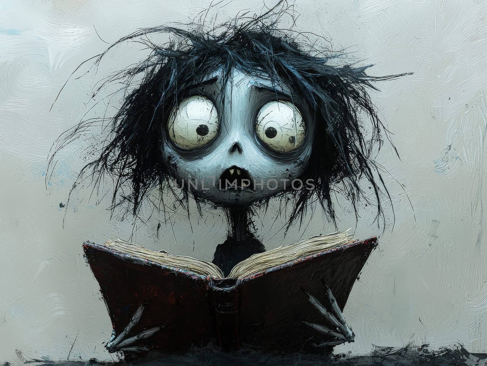 This charming black-and-white illustration features a cute little zombie with messy hair, engrossed in a book. Rendered in a pencil drawing style, the cartoon character design captures the whimsical essence perfect for a children's book. With simple details and a full-body shot, the artwork invites young readers into a playful world of imagination. The wide-angle perspective adds depth, enhancing the overall enchantment of the scene, making it an ideal illustration for storytelling.