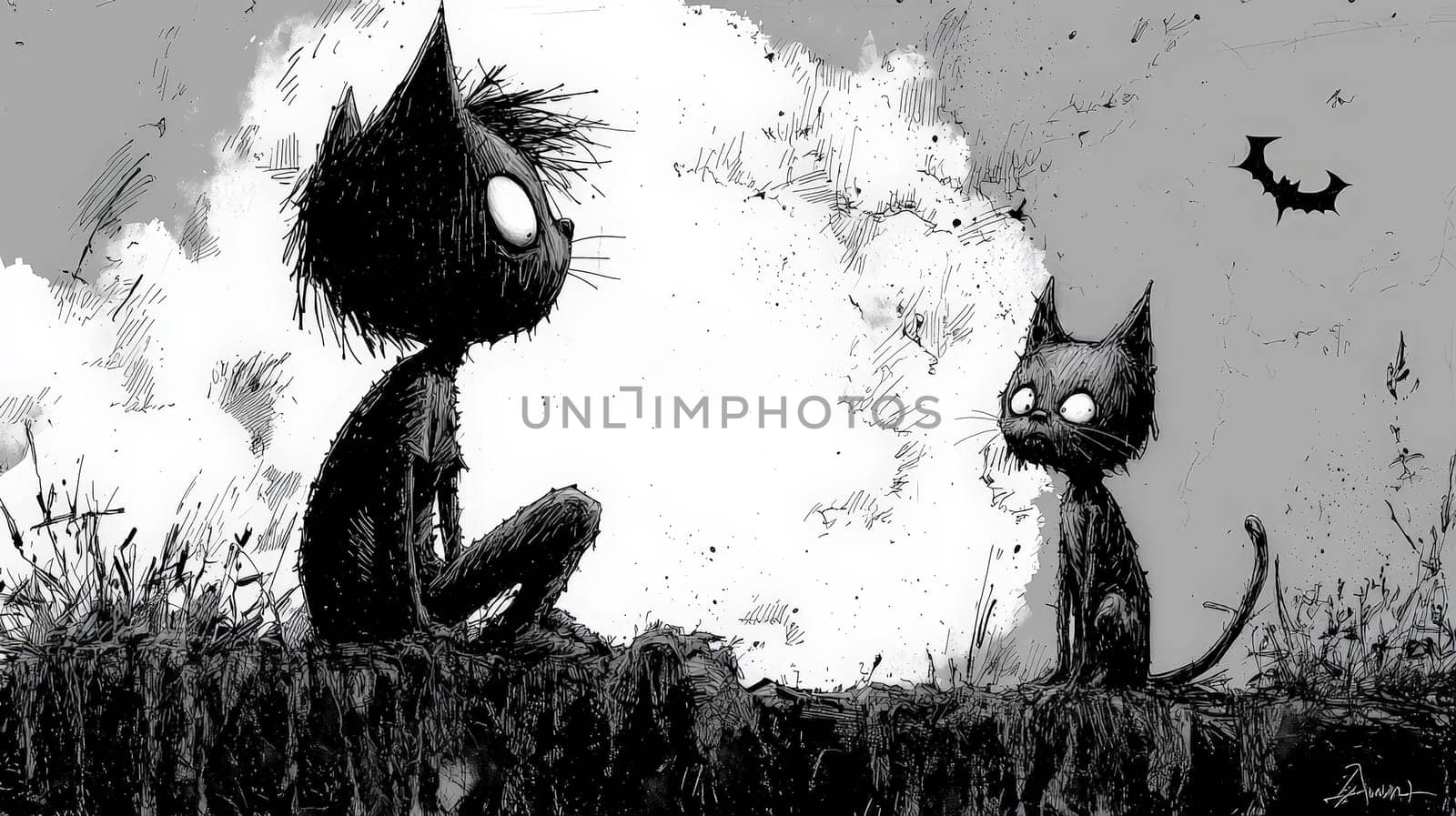 This playful black and white line drawing features a whimsical bat-zombie hybrid, designed to delight children aged six and up. With clean, bold lines on a bright white background, the illustration invites young artists to unleash their creativity and add their own colorful touches. The humorous design combines the spooky charm of a bat with the silly elements of a zombie, making it perfect for a children's coloring book. Its simplicity ensures that kids can easily engage with the artwork while having fun and enjoying a good laugh.