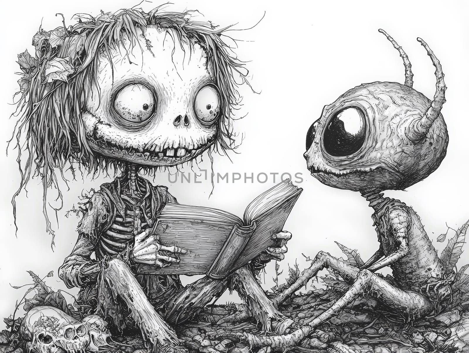 This charming black-and-white illustration features a cute little zombie with messy hair engrossed in reading a story to an alien seated on the ground. Crafted in a pencil drawing style, the cartoon character design is perfect for a children's book, with simple details that enhance its playful appeal. The full-body shot captures the whimsical interaction between the two characters, while the wide-angle perspective adds depth to the scene. This delightful artwork sparks imagination and encourages young readers to explore the joys of storytelling and friendship.