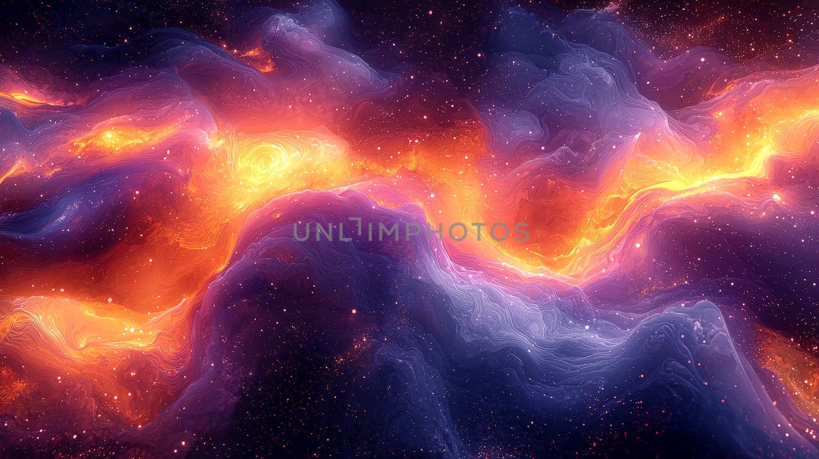 A captivating Afrofuturism-inspired abstract background, merging swirling cosmic patterns with African textile motifs. Deep purples, golds, and fiery oranges dominate the color palette, exuding both cosmic power and cultural richness. Glowing orbs and ancient symbols flow through the design, representing a fusion of ancient wisdom and futuristic vision. The visual evokes themes of identity, alienation, empowerment, and the beauty of African heritage in a cosmic context.