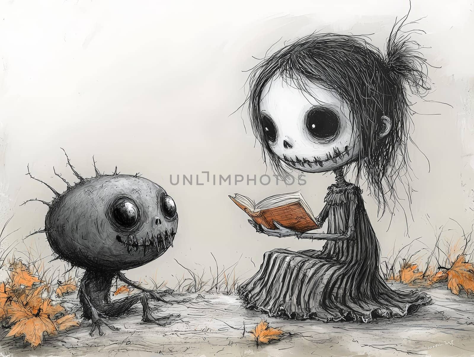 This charming black-and-white illustration features a cute little zombie with messy hair engrossed in reading a story to an alien seated on the ground. Crafted in a pencil drawing style, the cartoon character design is perfect for a children's book, with simple details that enhance its playful appeal. The full-body shot captures the whimsical interaction between the two characters, while the wide-angle perspective adds depth to the scene. This delightful artwork sparks imagination and encourages young readers to explore the joys of storytelling and friendship.