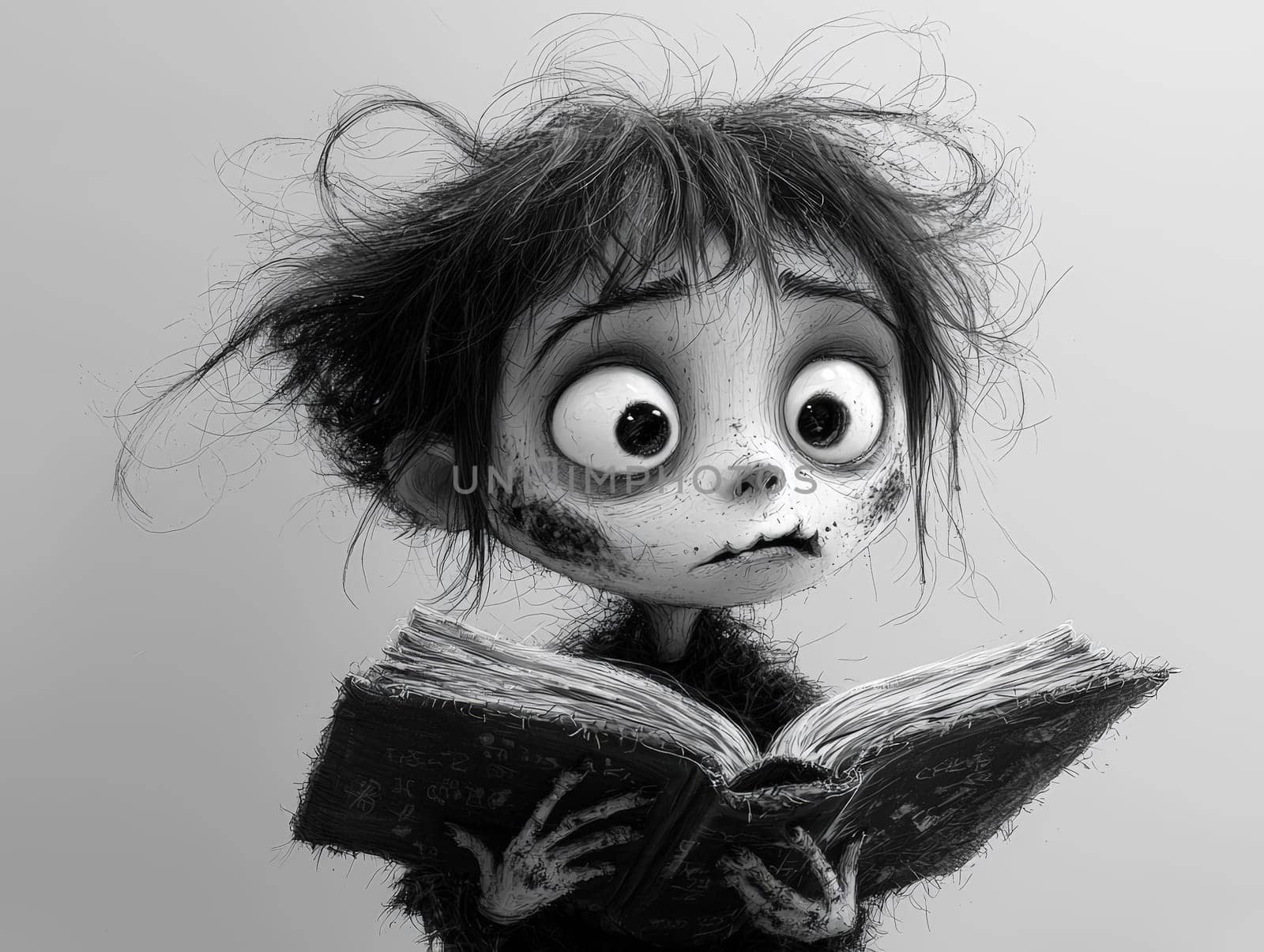 This charming black-and-white illustration features a cute little zombie with messy hair, engrossed in a book. Rendered in a pencil drawing style, the cartoon character design captures the whimsical essence perfect for a children's book. With simple details and a full-body shot, the artwork invites young readers into a playful world of imagination. The wide-angle perspective adds depth, enhancing the overall enchantment of the scene, making it an ideal illustration for storytelling.