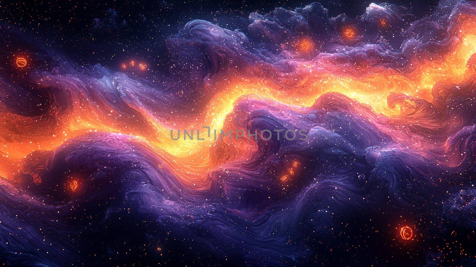 A captivating Afrofuturism-inspired abstract background, merging swirling cosmic patterns with African textile motifs. Deep purples, golds, and fiery oranges dominate the color palette, exuding both cosmic power and cultural richness. Glowing orbs and ancient symbols flow through the design, representing a fusion of ancient wisdom and futuristic vision. The visual evokes themes of identity, alienation, empowerment, and the beauty of African heritage in a cosmic context.