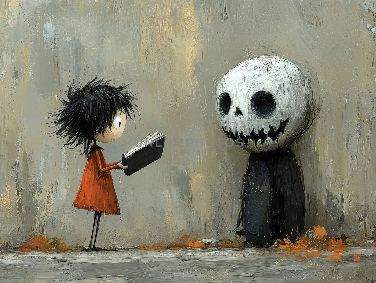 This charming black-and-white illustration features a cute little zombie with messy hair engrossed in reading a story to an alien seated on the ground. Crafted in a pencil drawing style, the cartoon character design is perfect for a children's book, with simple details that enhance its playful appeal. The full-body shot captures the whimsical interaction between the two characters, while the wide-angle perspective adds depth to the scene. This delightful artwork sparks imagination and encourages young readers to explore the joys of storytelling and friendship.