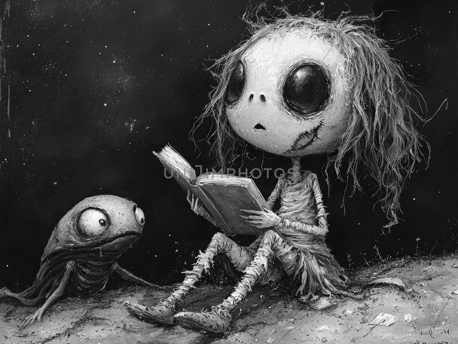 This charming black-and-white illustration features a cute little zombie with messy hair engrossed in reading a story to an alien seated on the ground. Crafted in a pencil drawing style, the cartoon character design is perfect for a children's book, with simple details that enhance its playful appeal. The full-body shot captures the whimsical interaction between the two characters, while the wide-angle perspective adds depth to the scene. This delightful artwork sparks imagination and encourages young readers to explore the joys of storytelling and friendship.