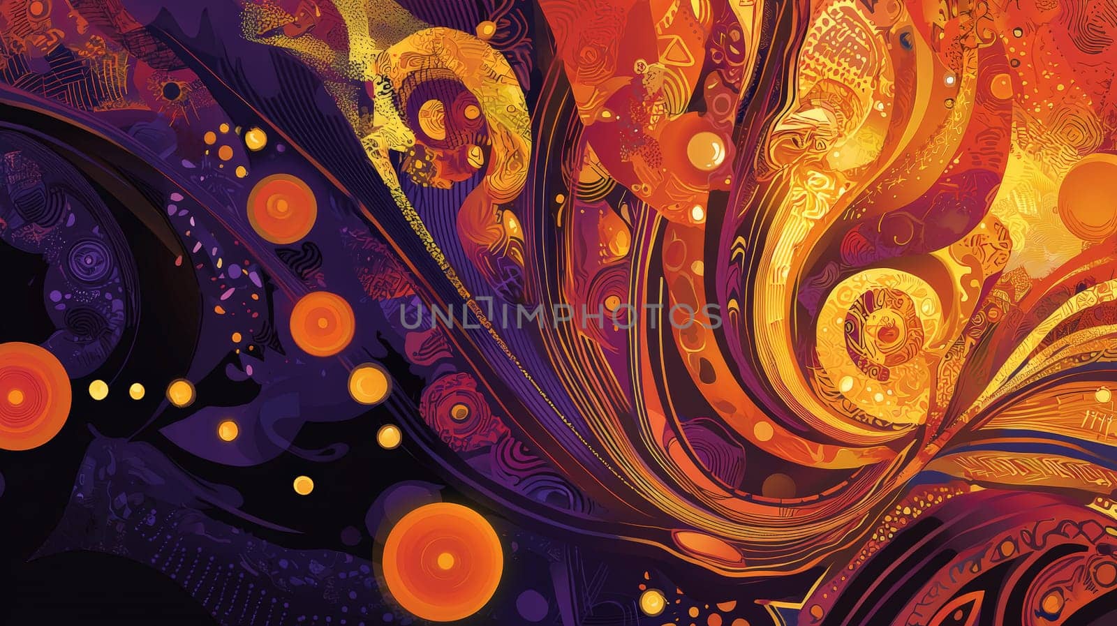 A captivating Afrofuturism-inspired abstract background, merging swirling cosmic patterns with African textile motifs. Deep purples, golds, and fiery oranges dominate the color palette, exuding both cosmic power and cultural richness. Glowing orbs and ancient symbols flow through the design, representing a fusion of ancient wisdom and futuristic vision. The visual evokes themes of identity, alienation, empowerment, and the beauty of African heritage in a cosmic context.