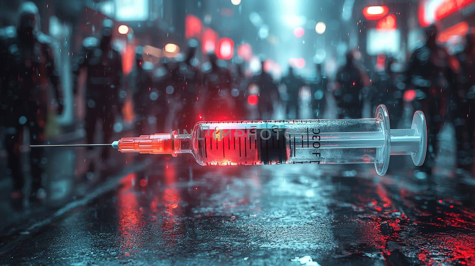 A powerful close-up of a syringe, with a looming mob of people in the background, creating an atmosphere of tension and fear. The crowd's expressions convey unease and threat, highlighting the emotional and social dynamics surrounding medical interventions. The image evokes themes of mistrust, confrontation, and public reaction in the face of healthcare decisions.