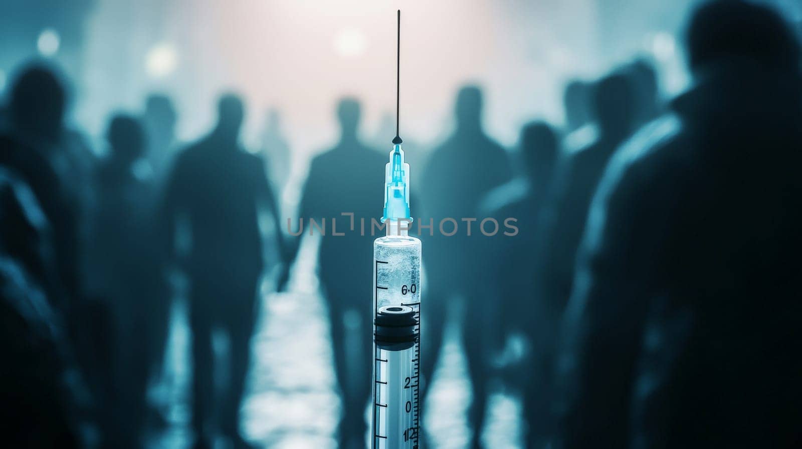 A powerful close-up of a syringe, with a looming mob of people in the background, creating an atmosphere of tension and fear. The crowd's expressions convey unease and threat, highlighting the emotional and social dynamics surrounding medical interventions. The image evokes themes of mistrust, confrontation, and public reaction in the face of healthcare decisions.