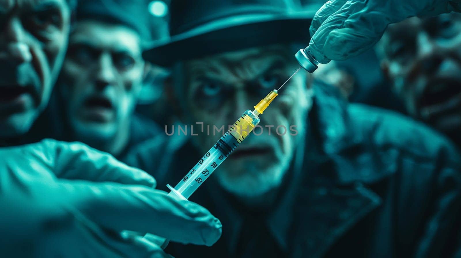 A powerful close-up of a syringe, with a looming mob of people in the background, creating an atmosphere of tension and fear. The crowd's expressions convey unease and threat, highlighting the emotional and social dynamics surrounding medical interventions. The image evokes themes of mistrust, confrontation, and public reaction in the face of healthcare decisions.