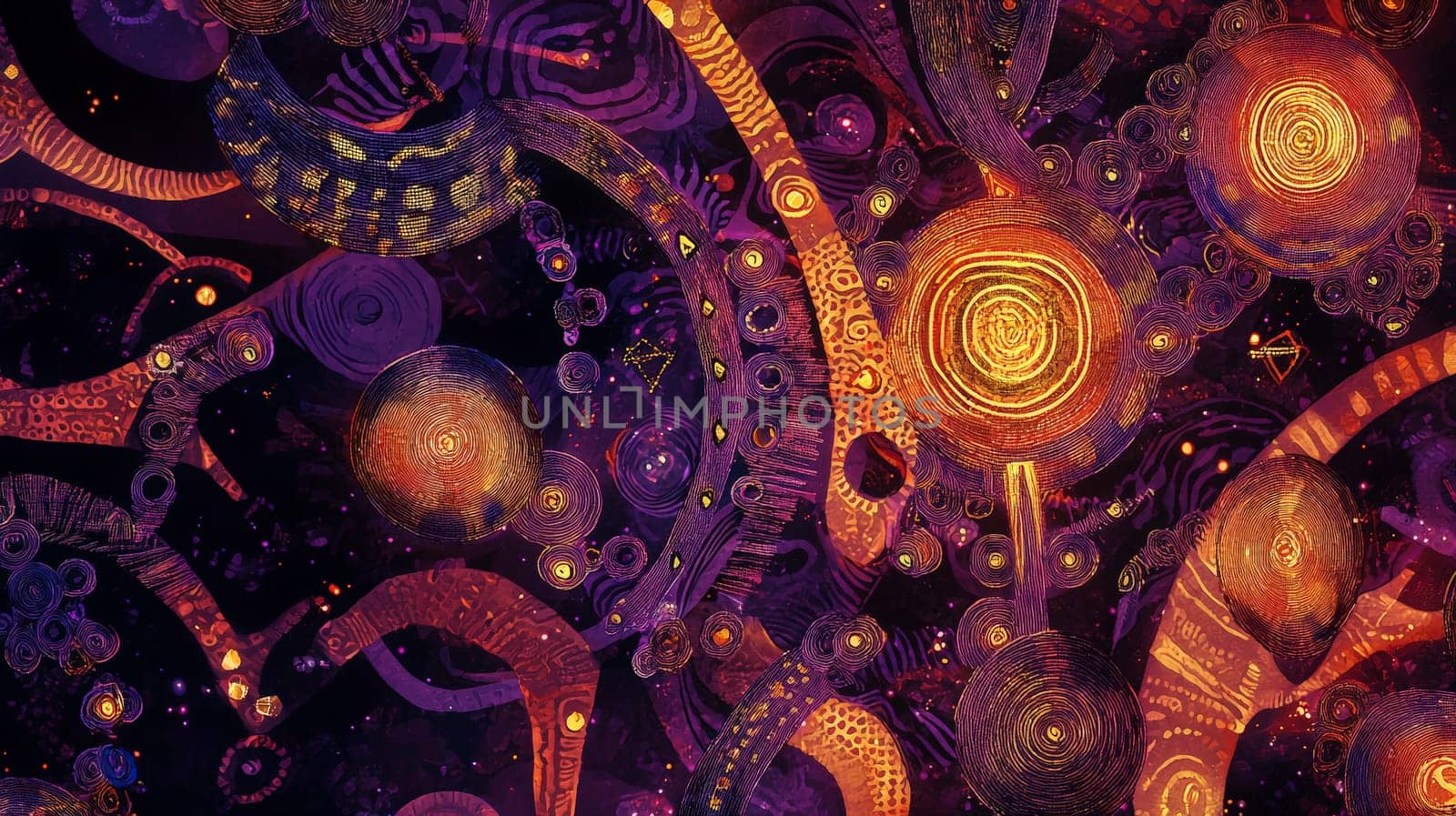 A captivating Afrofuturism-inspired abstract background, merging swirling cosmic patterns with African textile motifs. Deep purples, golds, and fiery oranges dominate the color palette, exuding both cosmic power and cultural richness. Glowing orbs and ancient symbols flow through the design, representing a fusion of ancient wisdom and futuristic vision. The visual evokes themes of identity, alienation, empowerment, and the beauty of African heritage in a cosmic context.