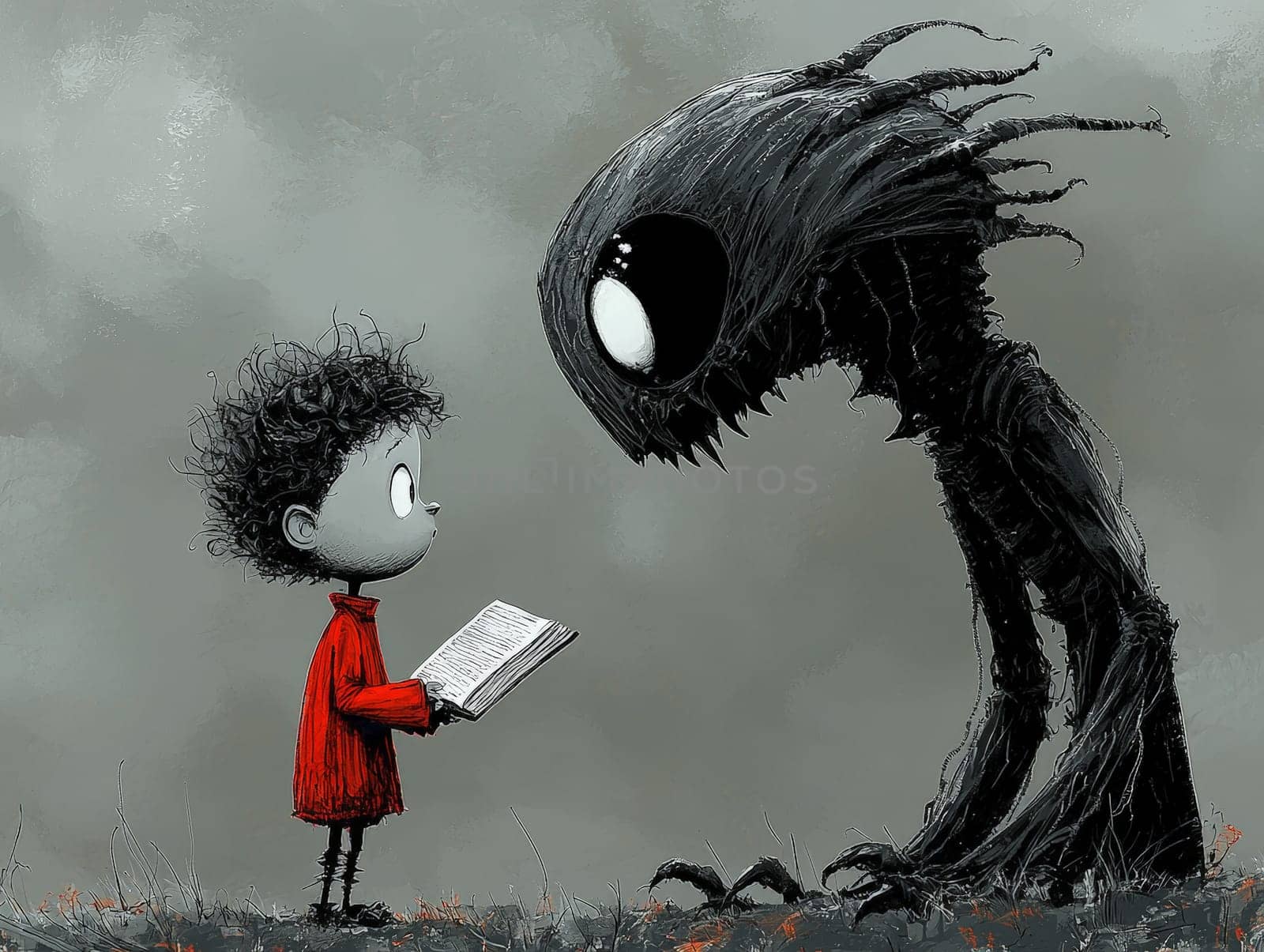 This charming black-and-white illustration features a cute little zombie with messy hair engrossed in reading a story to an alien seated on the ground. Crafted in a pencil drawing style, the cartoon character design is perfect for a children's book, with simple details that enhance its playful appeal. The full-body shot captures the whimsical interaction between the two characters, while the wide-angle perspective adds depth to the scene. This delightful artwork sparks imagination and encourages young readers to explore the joys of storytelling and friendship.
