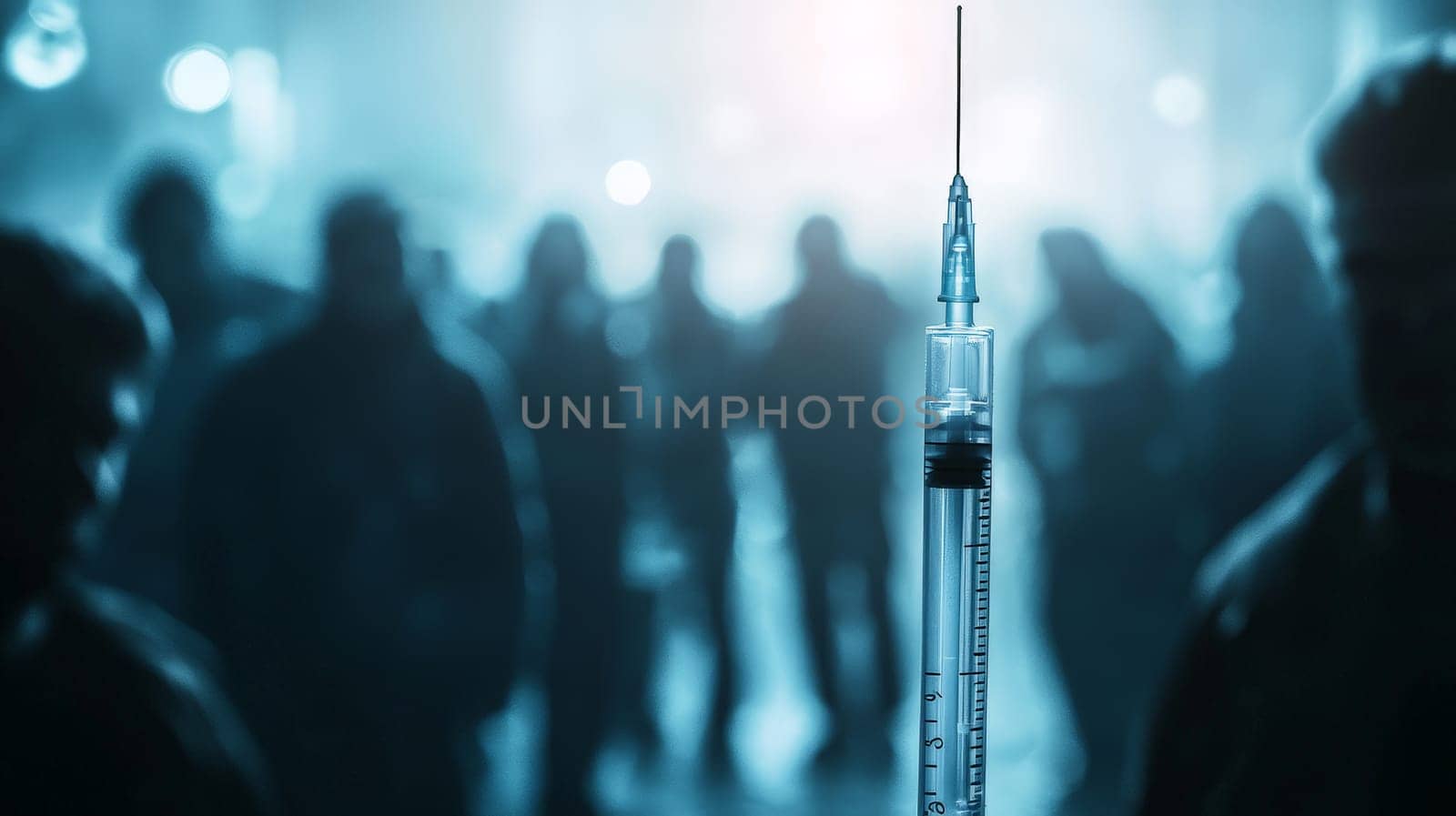 A powerful close-up of a syringe, with a looming mob of people in the background, creating an atmosphere of tension and fear. The crowd's expressions convey unease and threat, highlighting the emotional and social dynamics surrounding medical interventions. The image evokes themes of mistrust, confrontation, and public reaction in the face of healthcare decisions.