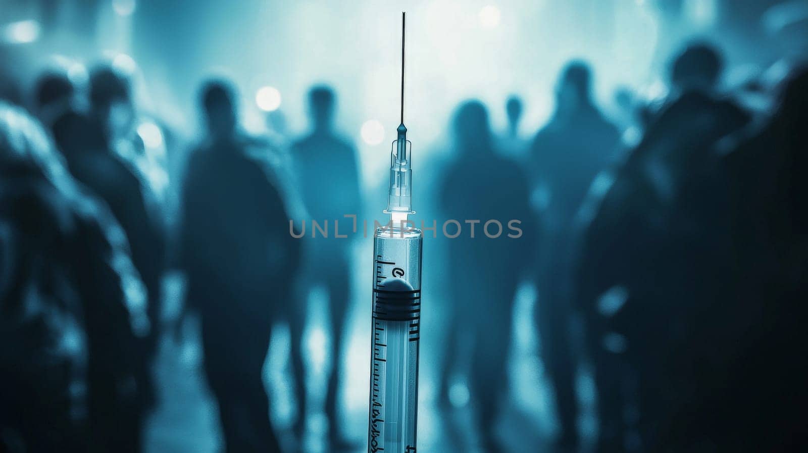 A powerful close-up of a syringe, with a looming mob of people in the background, creating an atmosphere of tension and fear. The crowd's expressions convey unease and threat, highlighting the emotional and social dynamics surrounding medical interventions. The image evokes themes of mistrust, confrontation, and public reaction in the face of healthcare decisions.