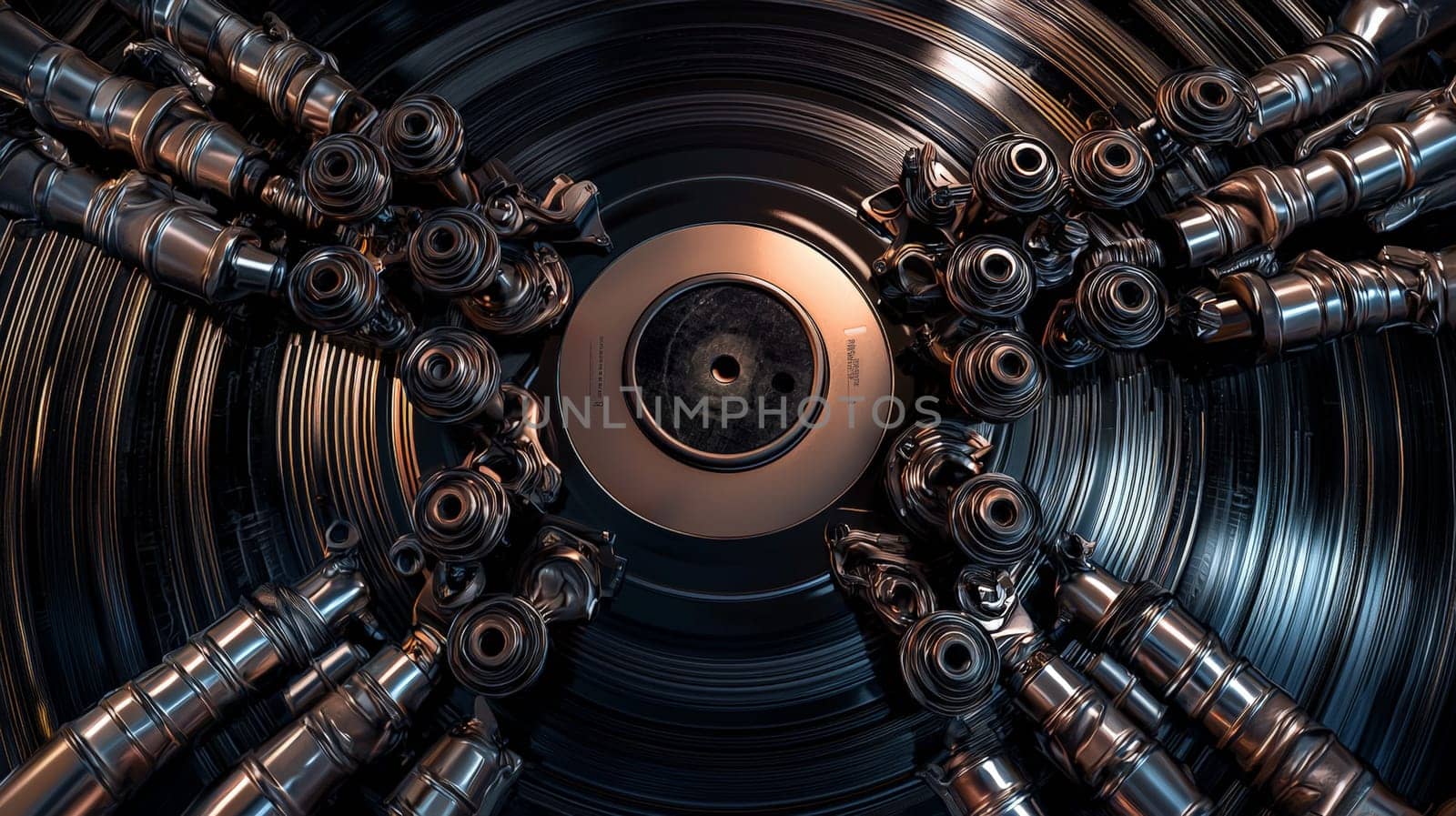 A dynamic artwork featuring a vinyl record as the central element, with metallic pipes and nuts flowing outward in a mesmerizing, artistic arrangement. The pipes glisten with vivid reflections, while the bolts and nuts form intricate, symmetrical patterns. Set against a futuristic industrial background, the sharp lighting and deep shadows create a high-contrast, ultra-detailed scene. The combination of geometric forms, mechanical precision, and shimmering textures evokes a sense of industrial beauty and innovation.