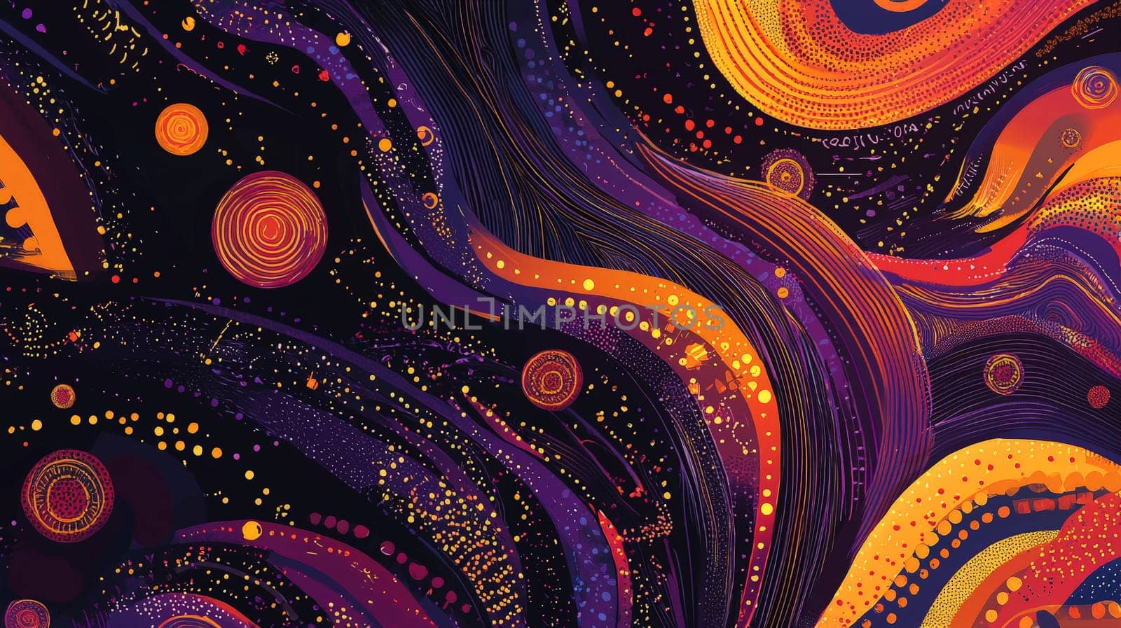 A captivating Afrofuturism-inspired abstract background, merging swirling cosmic patterns with African textile motifs. Deep purples, golds, and fiery oranges dominate the color palette, exuding both cosmic power and cultural richness. Glowing orbs and ancient symbols flow through the design, representing a fusion of ancient wisdom and futuristic vision. The visual evokes themes of identity, alienation, empowerment, and the beauty of African heritage in a cosmic context.