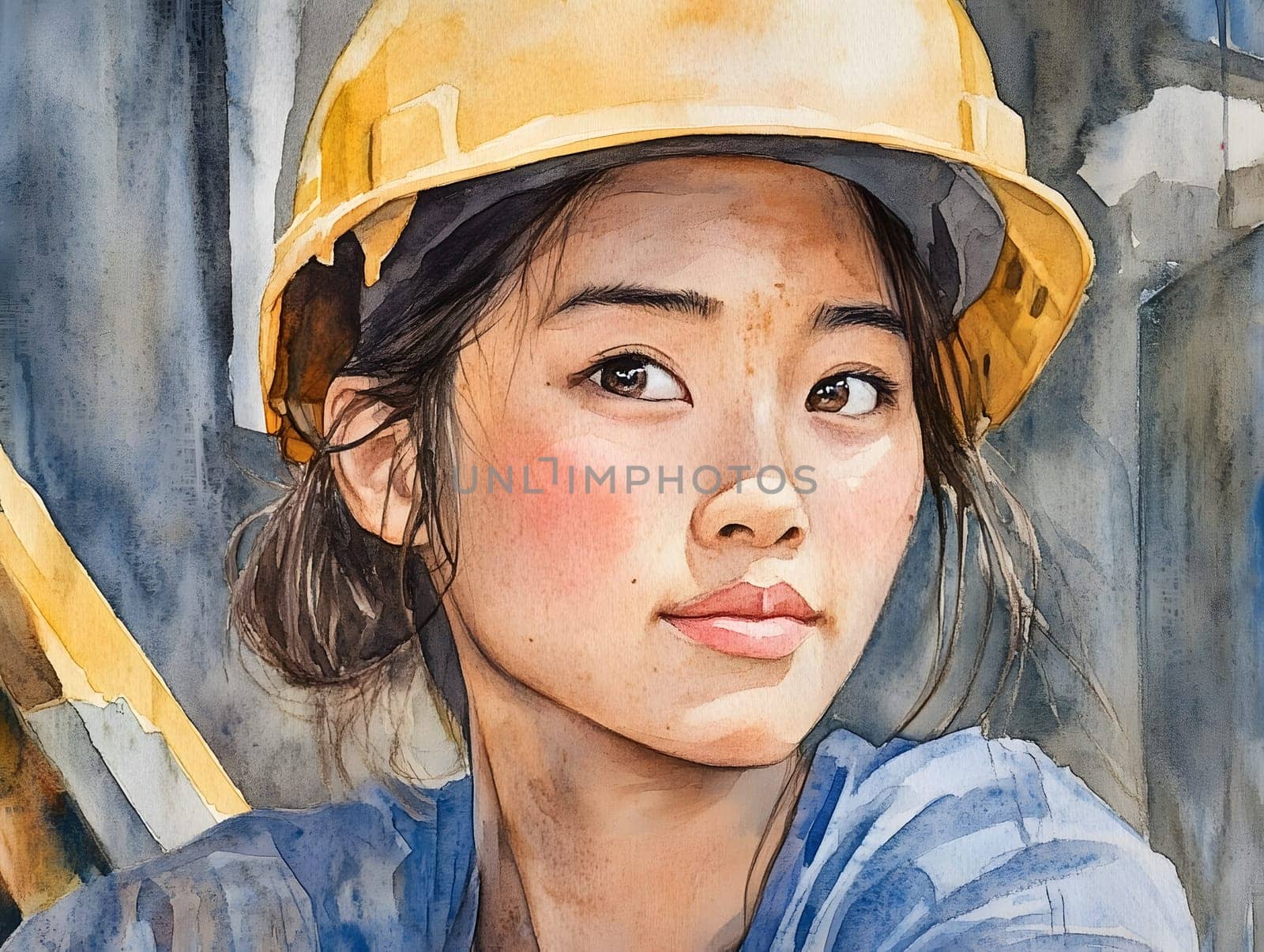 Watercolor Asian Industrial Construction Worker Woman