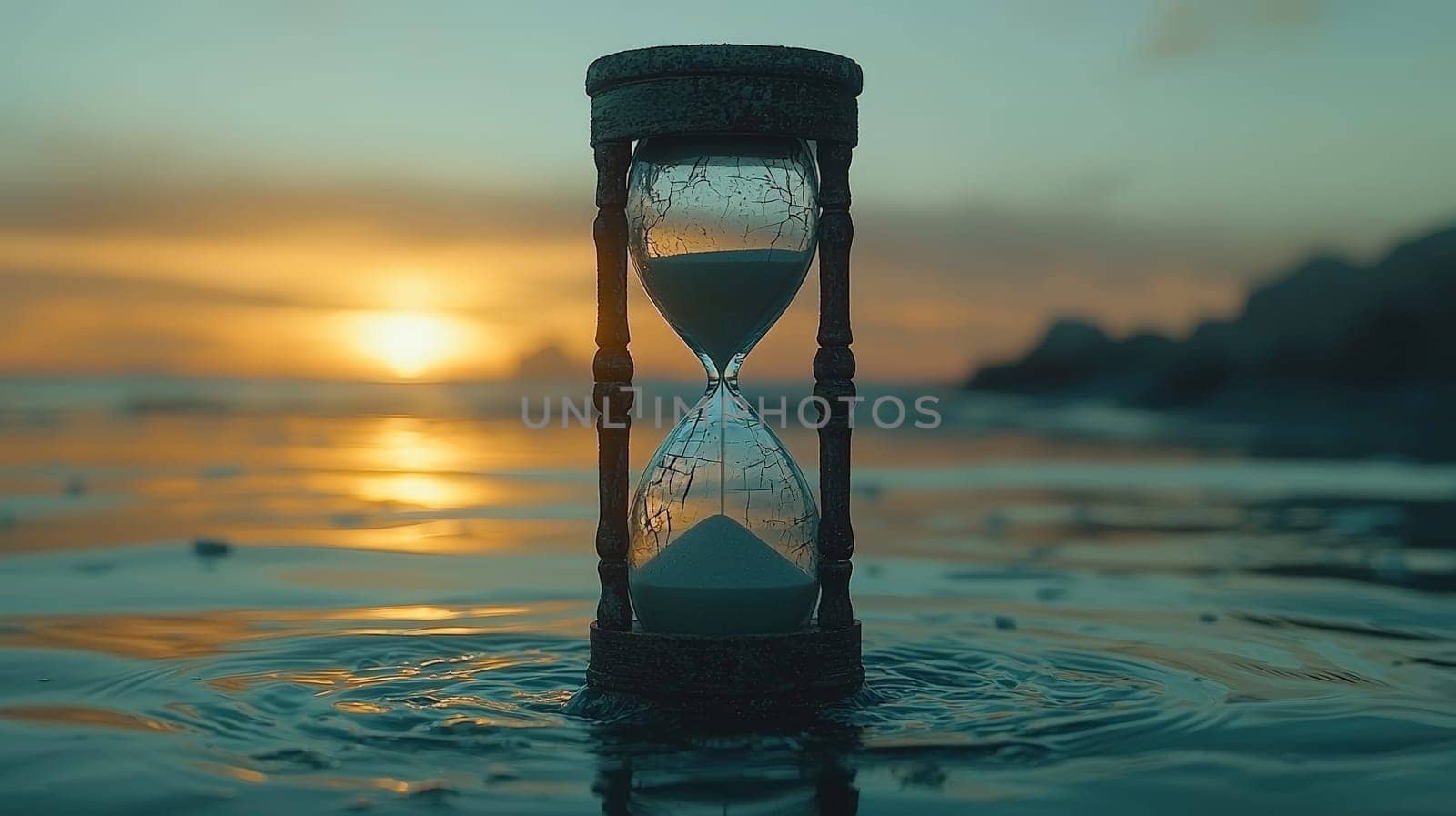 A medium shot of an hourglass standing alone on a distant shoreline, with more sand in the upper chamber than the lower. As sand trickles slowly down, the hourglass reflects in the water, with slight ripples distorting its image. In the background, a soft sunrise casts a pale, melancholic light. Cracks begin to form on the hourglass, symbolizing fear, emotional wear, and the inevitable passage of time. The scene evokes feelings of isolation, fragility, and quiet contemplation.