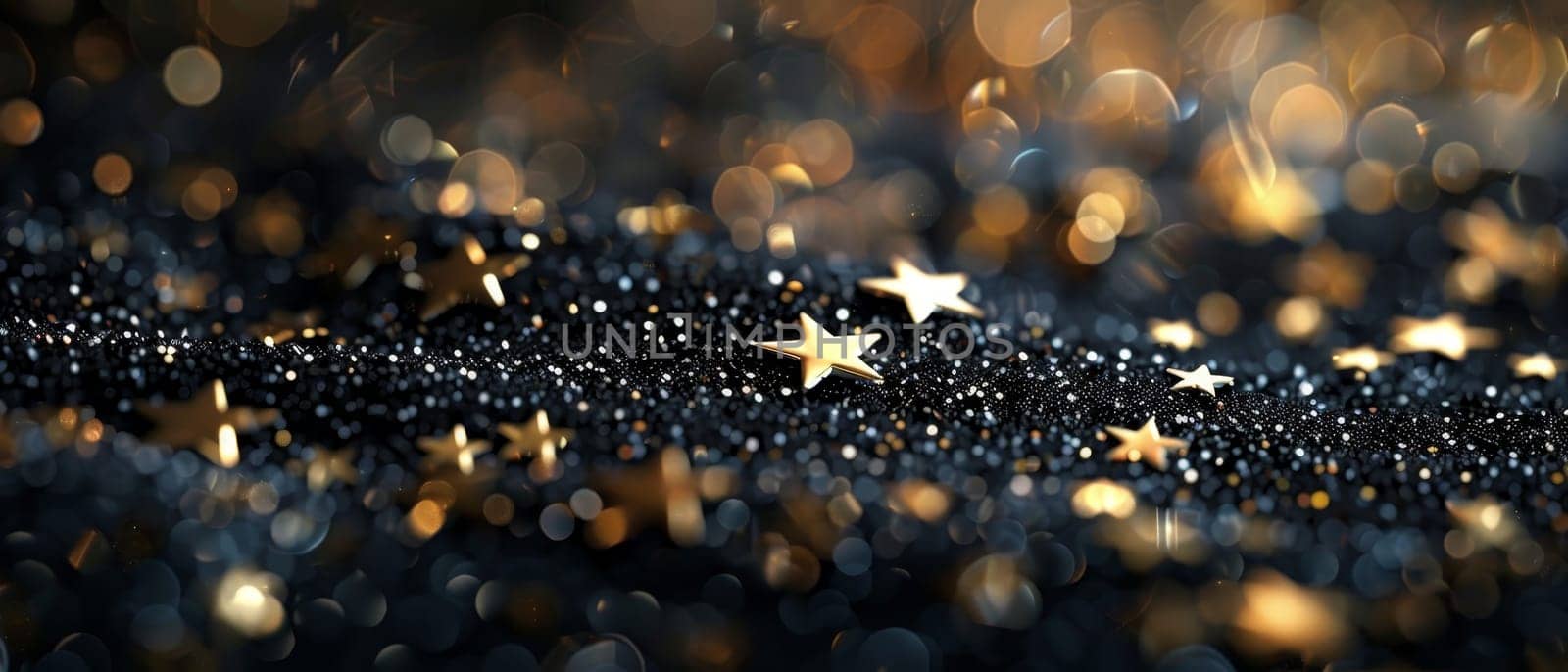 A magical display of golden stars sparkling against a dark, mystical background, creating a festive and enchanting atmosphere