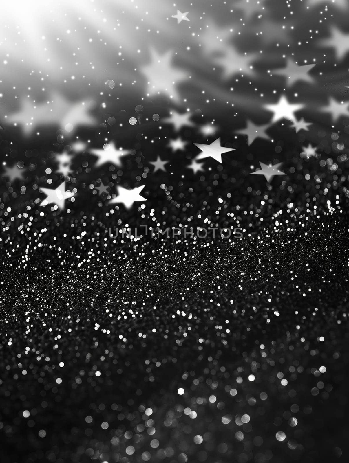 A mesmerizing black and white glittery surface with sparkling stars, creating a magical, celestial atmosphere