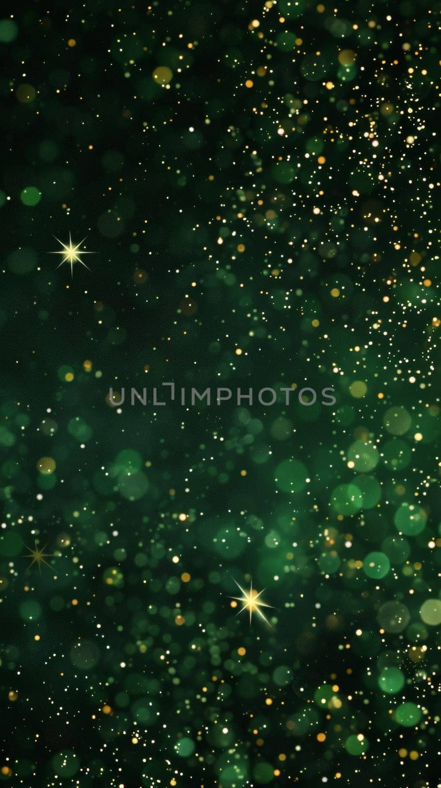 A magical green bokeh background with sparkling golden stars, creating a festive, dreamy atmosphere