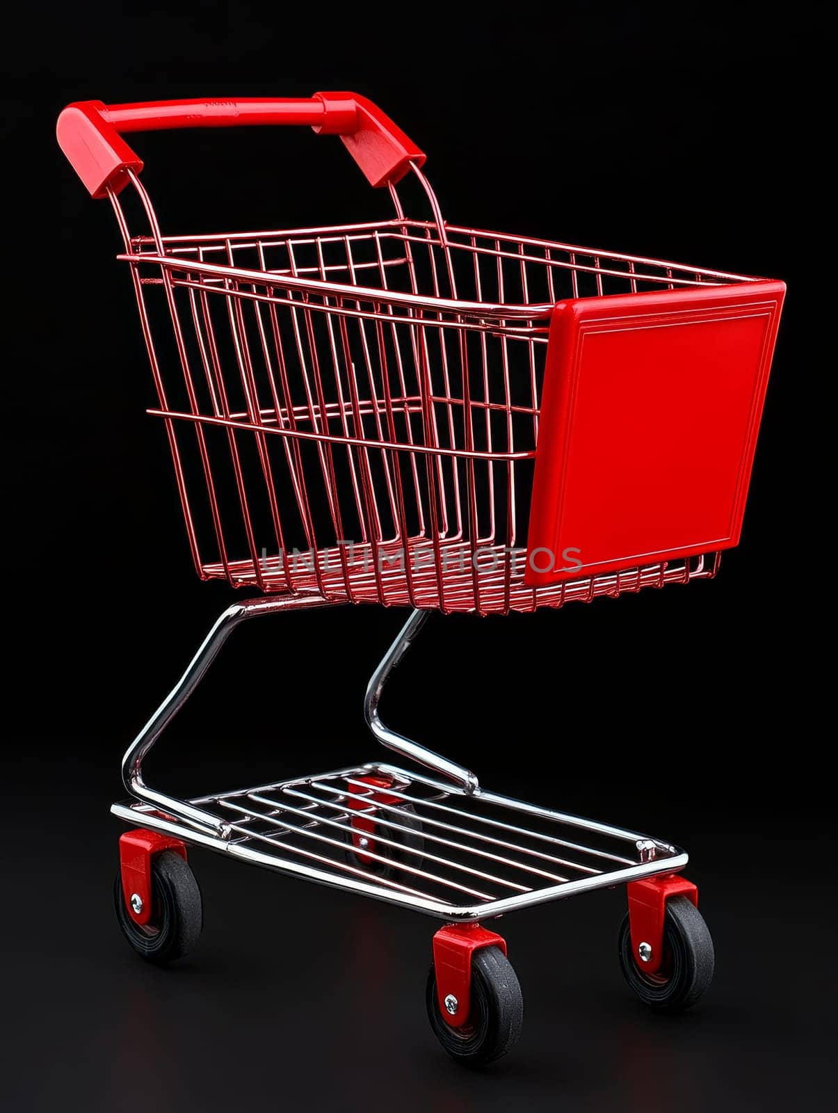 A vibrant red shopping cart against a black background, highlighting its sleek design and modern retail concept.