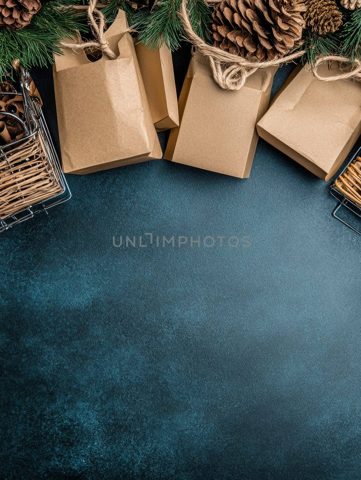 Brown kraft paper shopping bags with pine branches, pine cones, and twine on dark background, eco-friendly Christmas shopping concept with copy space.