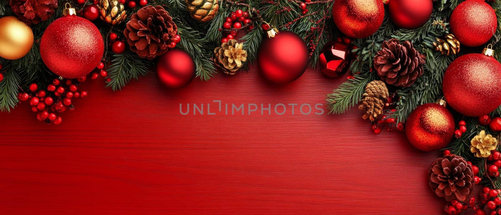 Christmas decorations including red and gold baubles, pine cones, and fir branches creating a festive border on red background with copy space.