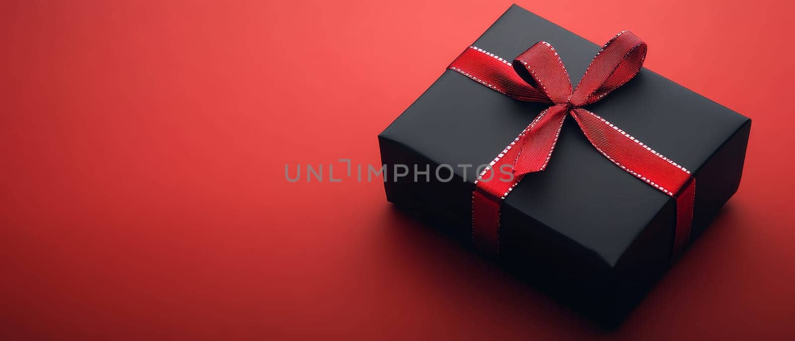 A sleek black gift box adorned with a red ribbon on a rich red background, ideal for festive occasions.
