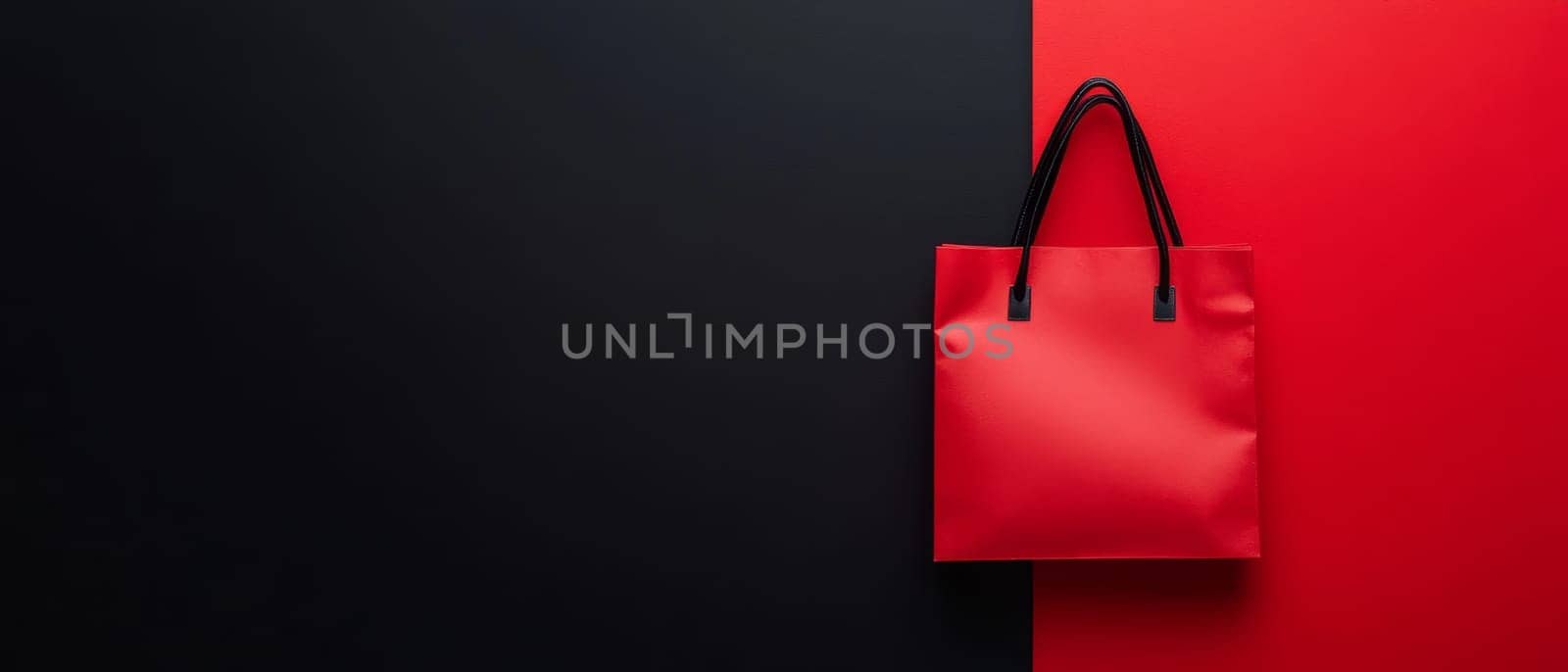 A striking red shopping bag set against a contrasting black and red background with ample copy space, ideal for sales and promotions.