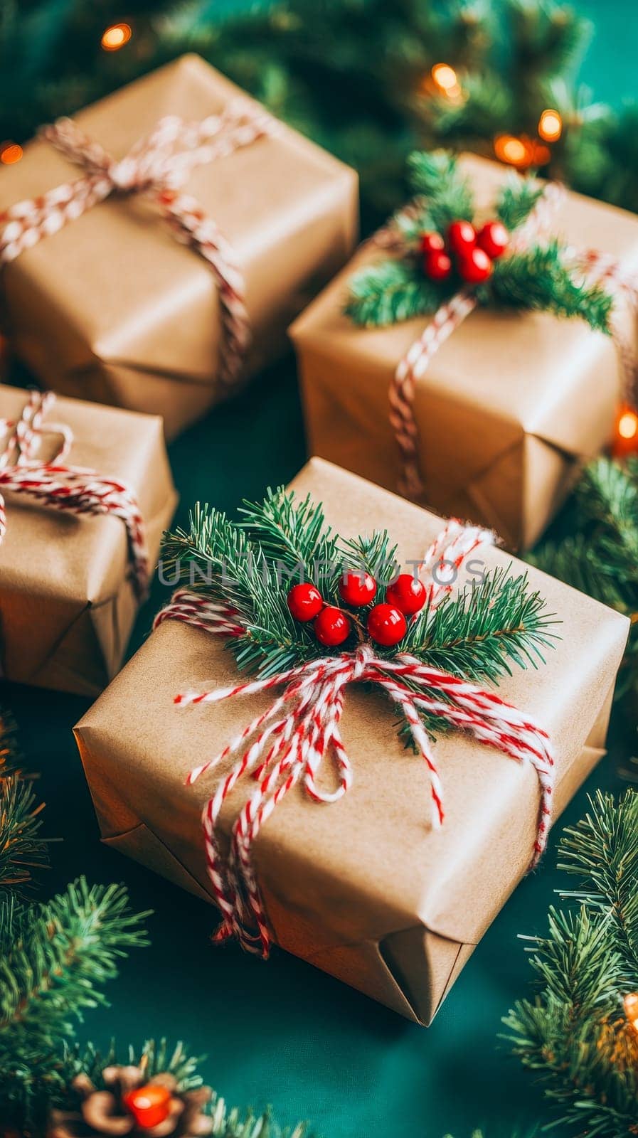Beautifully wrapped Christmas presents in kraft paper with red and white twine, pine branches, and holly berries, creating a festive holiday scene.