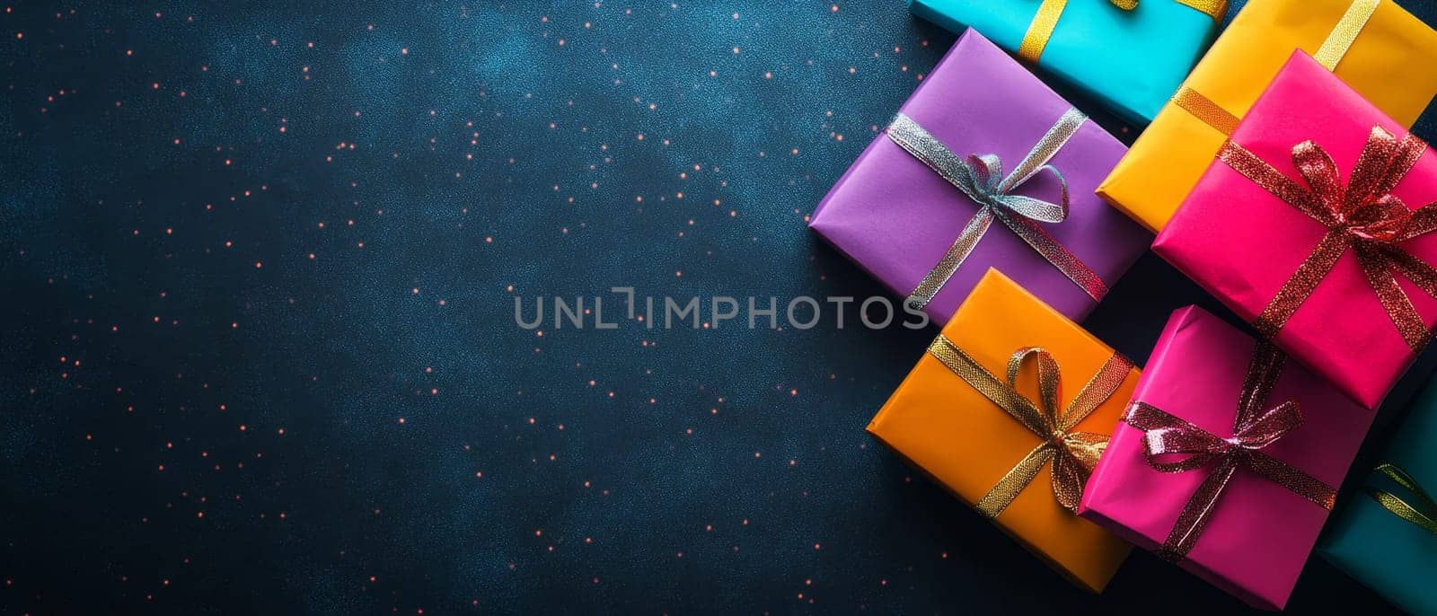 A vibrant array of gift boxes with glittering bows on a sparkling background, perfect for festive celebrations and copy space.