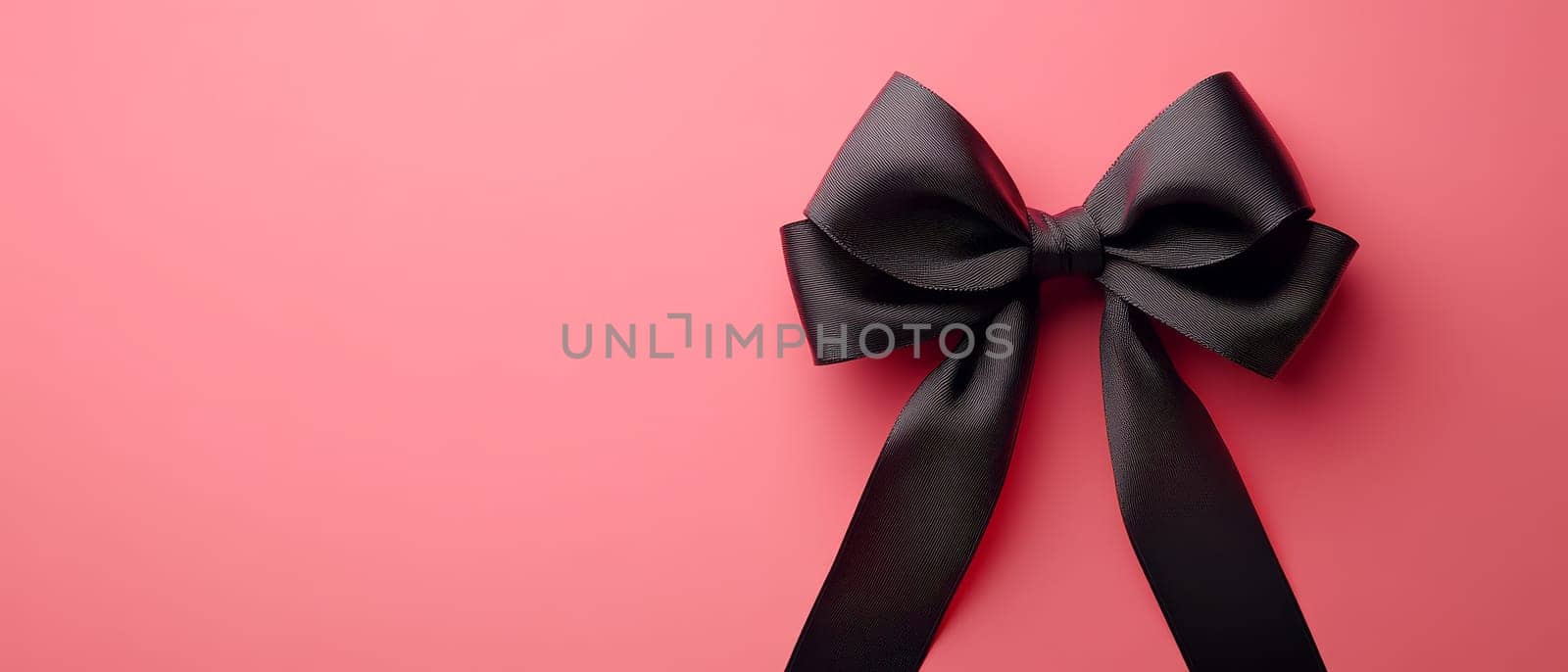 A black bow elegantly placed on a pink background, offering a stylish contrast and ample copy space for text.